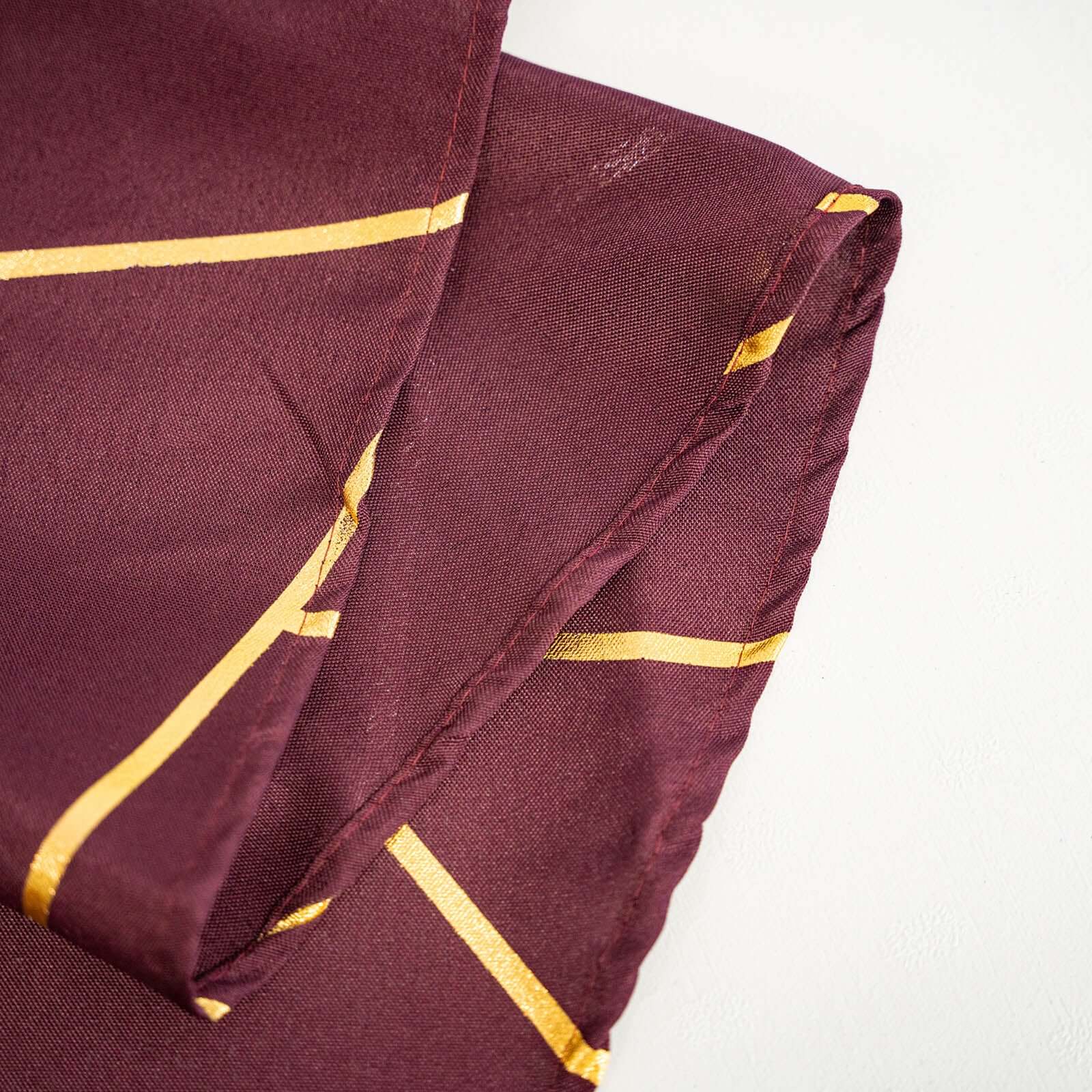 120" Burgundy Seamless Round Polyester Tablecloth With Gold Foil Geometric Pattern for 5 Foot Table With Floor-Length Drop