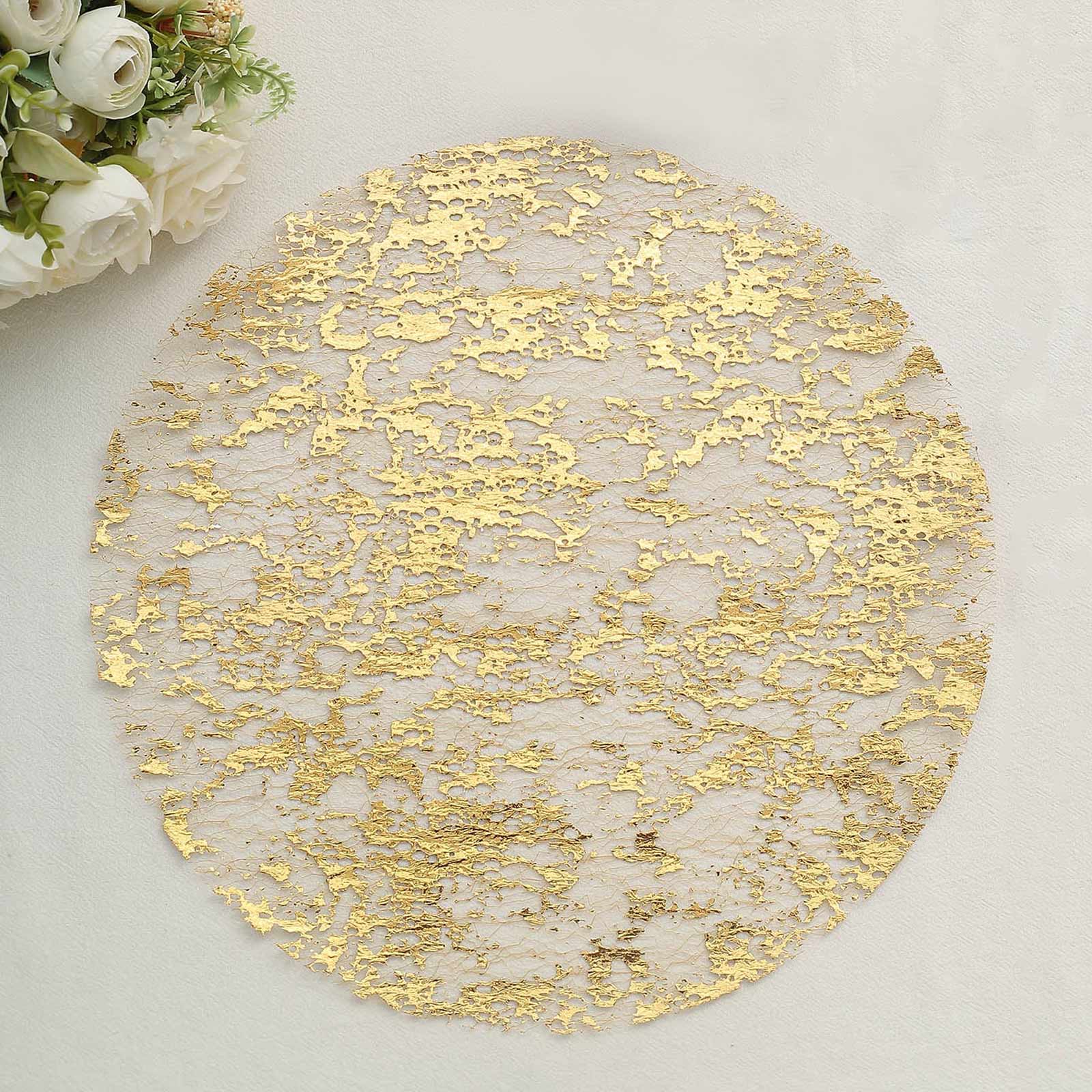 10-Pack Table Placemats Foil Design Metallic Gold Round - Mesh Disposable Shiny Dining Mats 13"