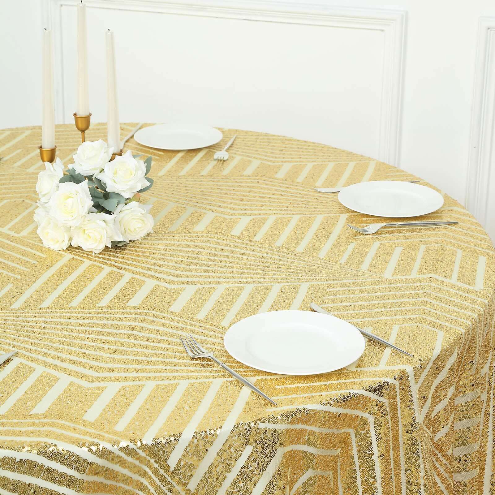 Sequin 120" Round Tablecloth Gold - Seamless Diamond Glitz Design for Glamorous Gatherings
