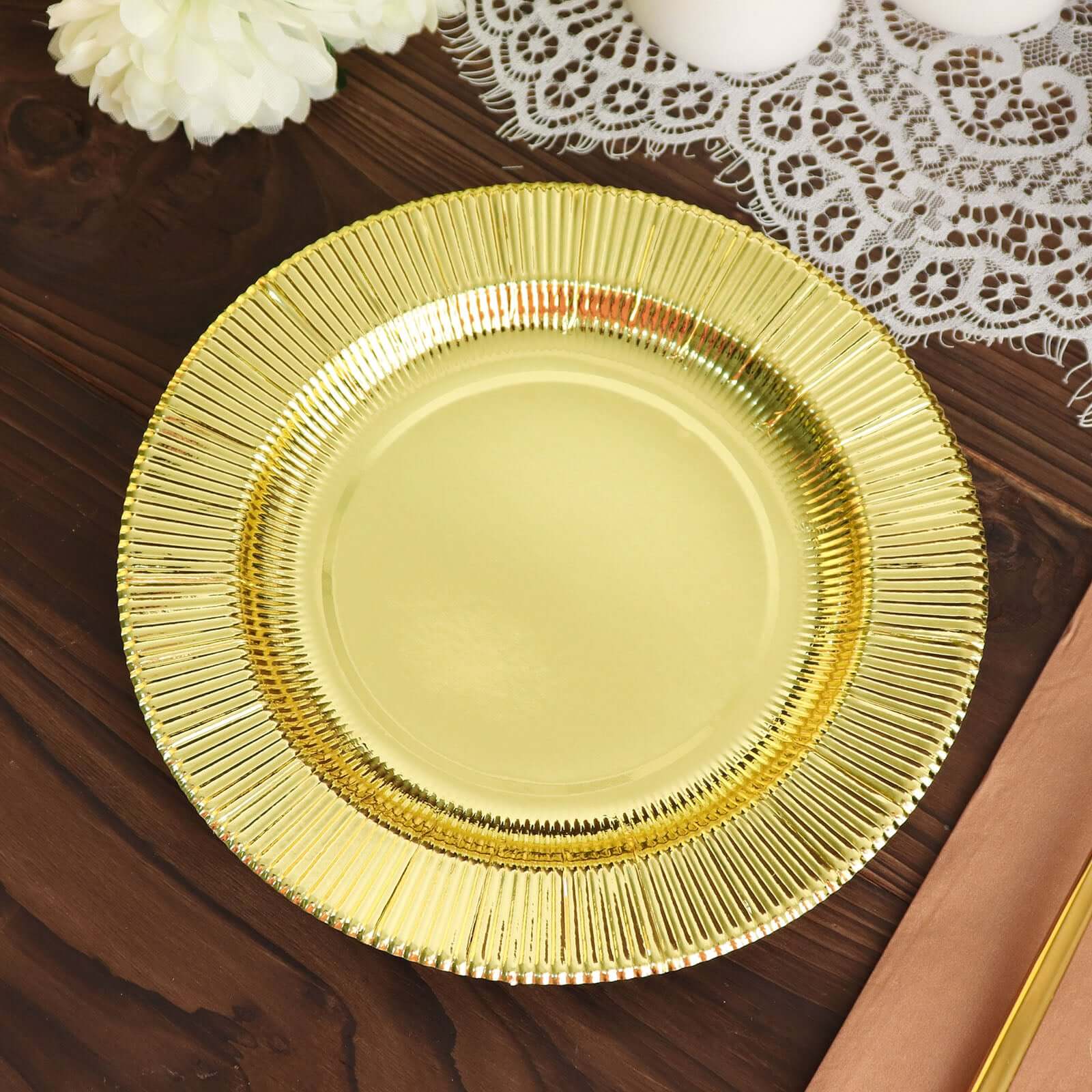 25-Pack Paper 8" Round Dessert Plates in Metallic Gold Sunray Design - Disposable Heavy Duty 350GSM Appetizer Salad Plates