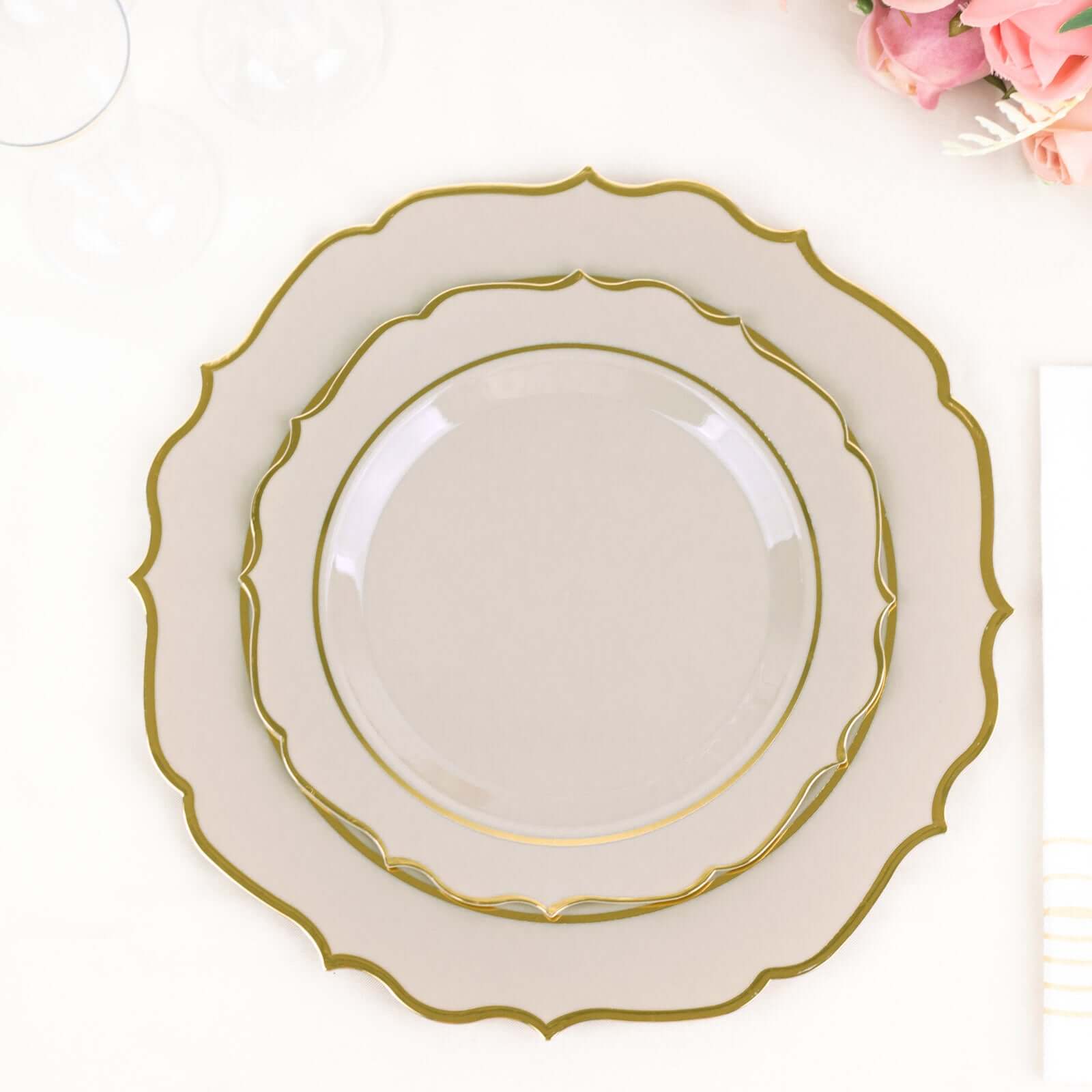 10-Pack Plastic 8" Round Desert Plates in Taupe with Gold Scalloped Rim - Disposable Appetizer/Salad Plates