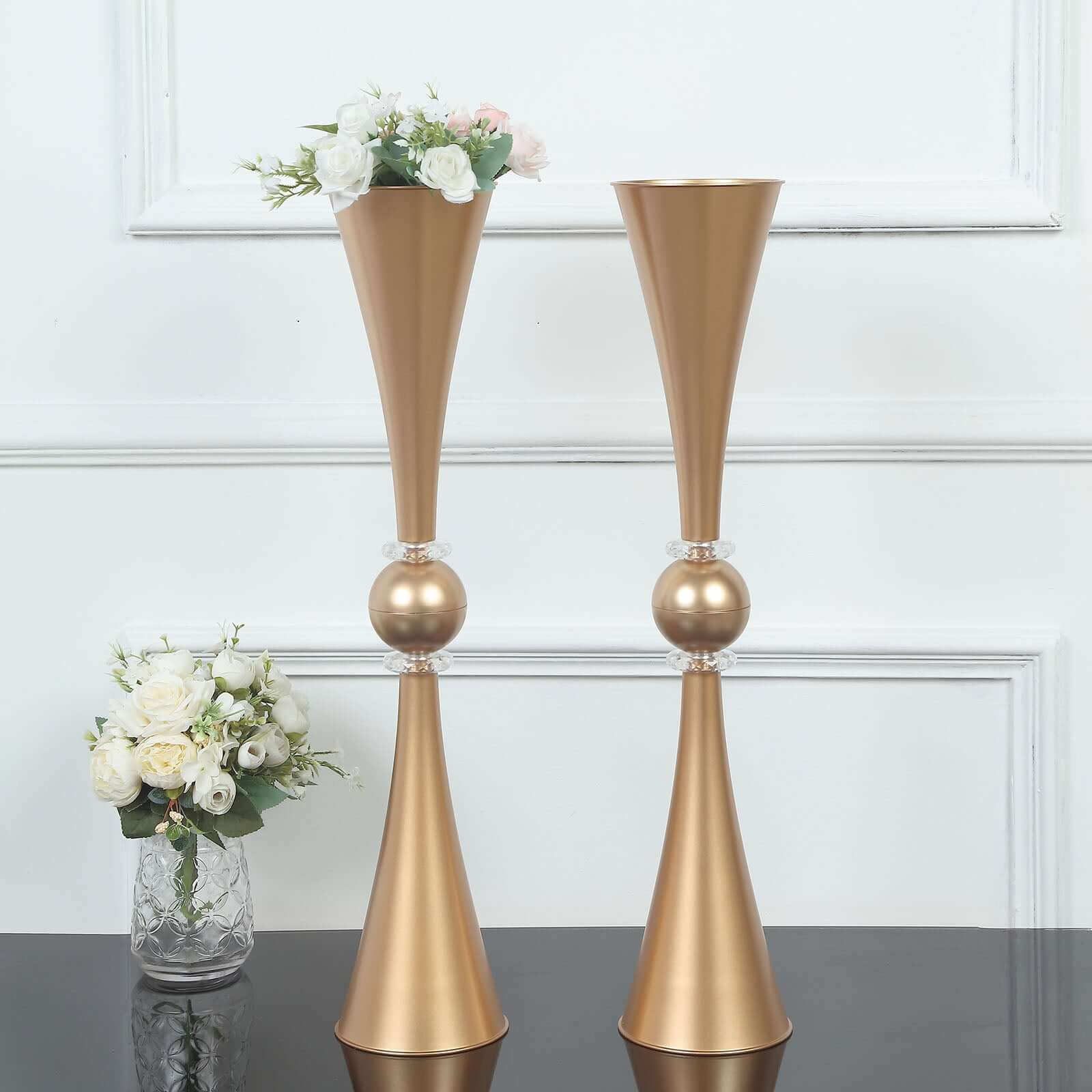 2-Pack Flower Vases Trumpet Design with Crystal Embellishments Gold - Reversible Plastic Centerpieces for Events 27"