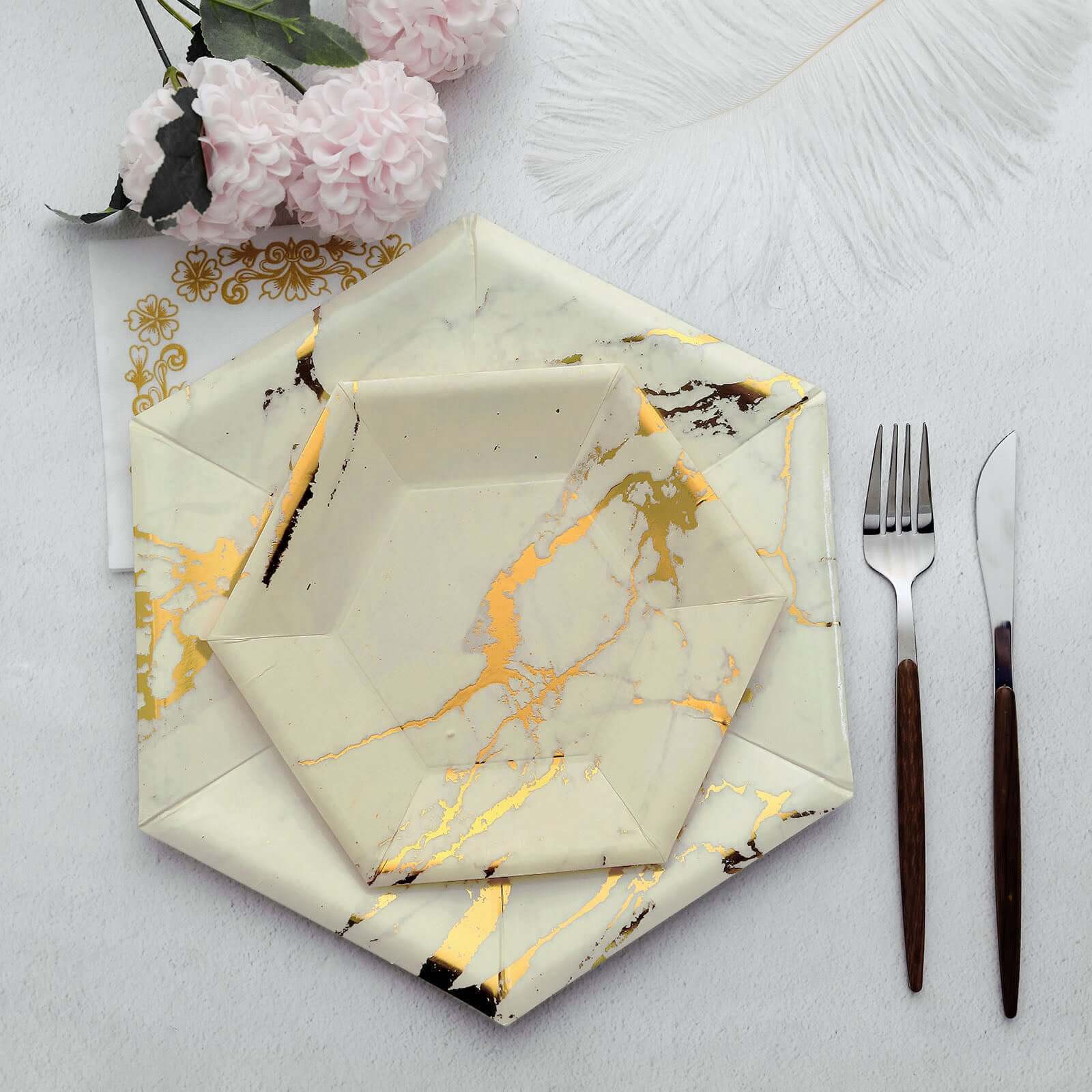 25 Pack Ivory Marble 12" Serving Dinner Paper Plates, Disposable Hexagon Geometric Shaped Plates With Gold Foil Marble Design - 400 GSM