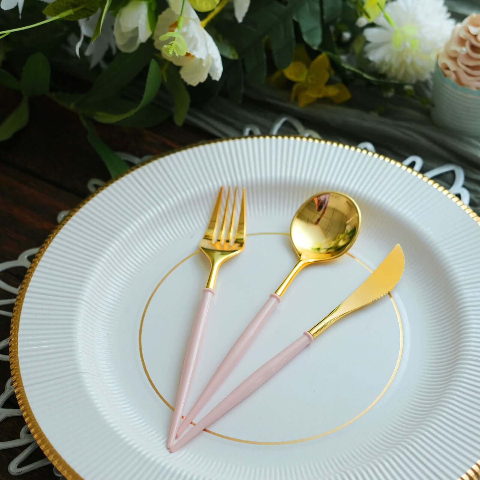 24-Pack Plastic Flatware Set in Metallic Gold with Blush Handle - Heavy Duty Disposable Modern Silverware 8"