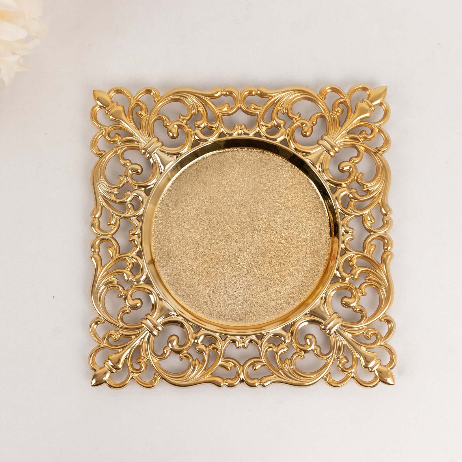 6-Pack Acrylic Square Charger Plates 12" in Gold with Hollow Lace Border, Event Tabletop Decorative Charger Tableware
