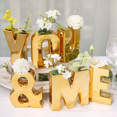Shiny Ceramic Vase Symbol "&" Gold Plated - Chic Bud Planter Pot for Events & Decor 6"