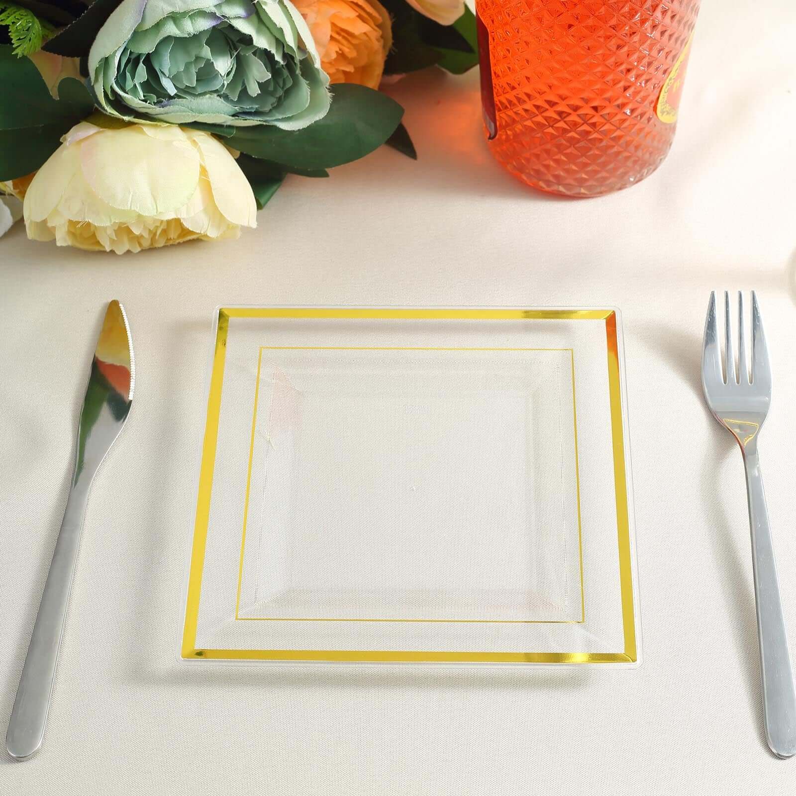 10-Pack Plastic Salad Dessert Plates Clear Square with Gold Trim - Durable Disposable Appetizer Plates 7"