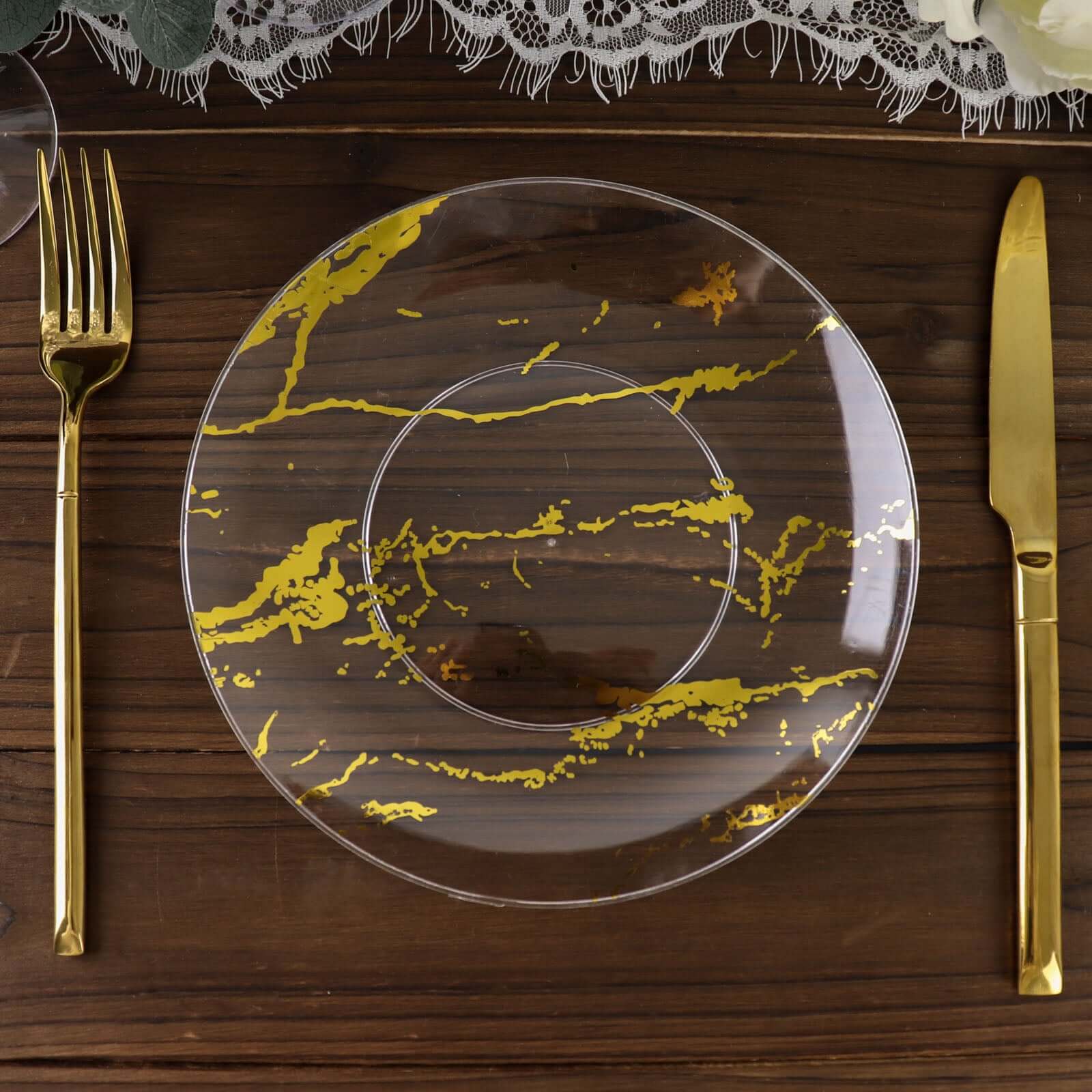 10-Pack Plastic 8" Round Dessert Plates in Clear with Gold Marble Print - Disposable Appetizer/Salad Plates for Chic Banquets & Special Occasions