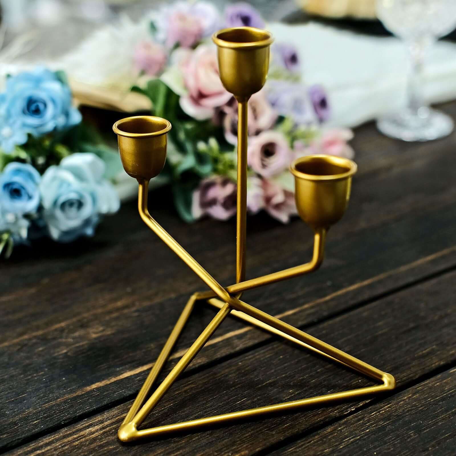 2-Pack Triangle Base Geometric Taper Candelabra 3 Arm Candle Holder Design Gold Metal - Decorative Centerpiece 7"