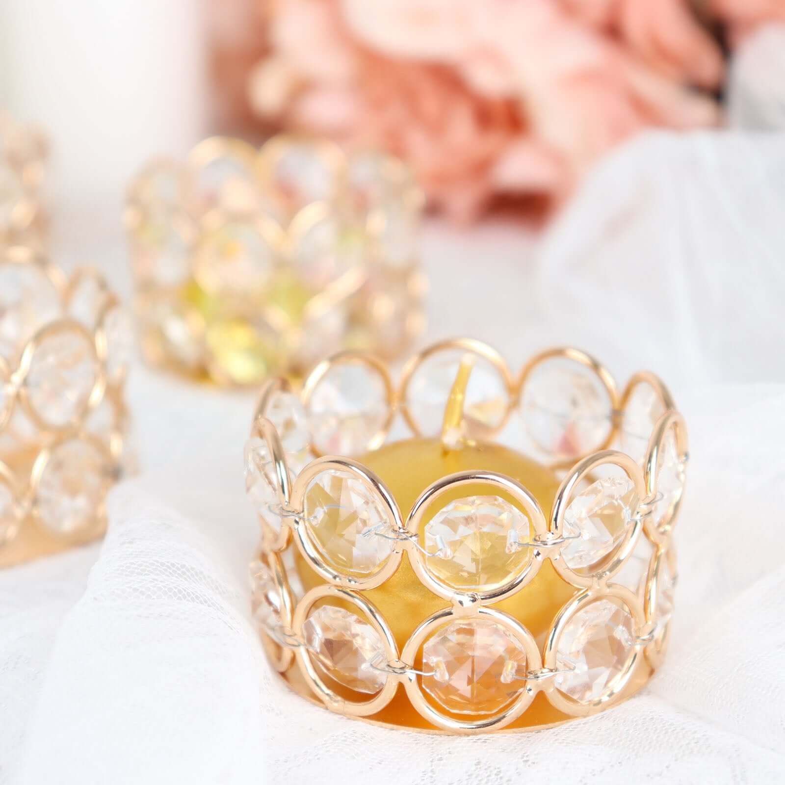 6-Pack Crystal Beaded Tea Light Candle Holders Gold Metal 1.5" - Stylish Votive Candle Stands for Weddings
