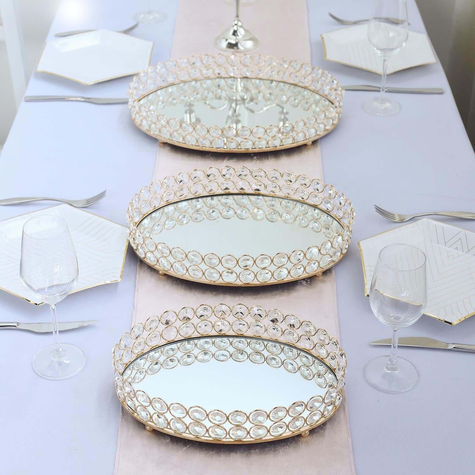 Gold Metal Crystal Beaded Mirror Oval Vanity Serving Tray, Decorative Tray - Medium 14"x10"