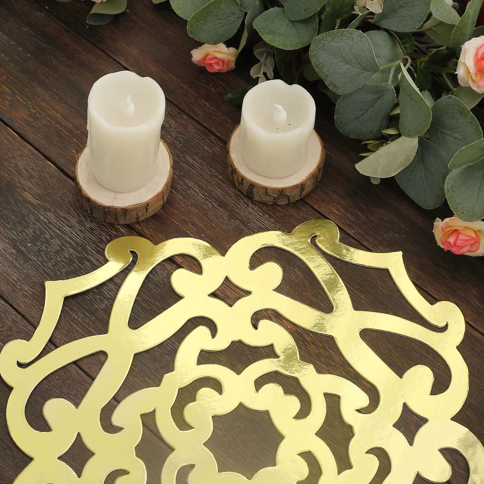 6-Pack Disposable Table Placemats in Metallic Gold Laser Cut Flower Design - 700GSM Cardboard Placemats for Glamorous Table Settings 13"
