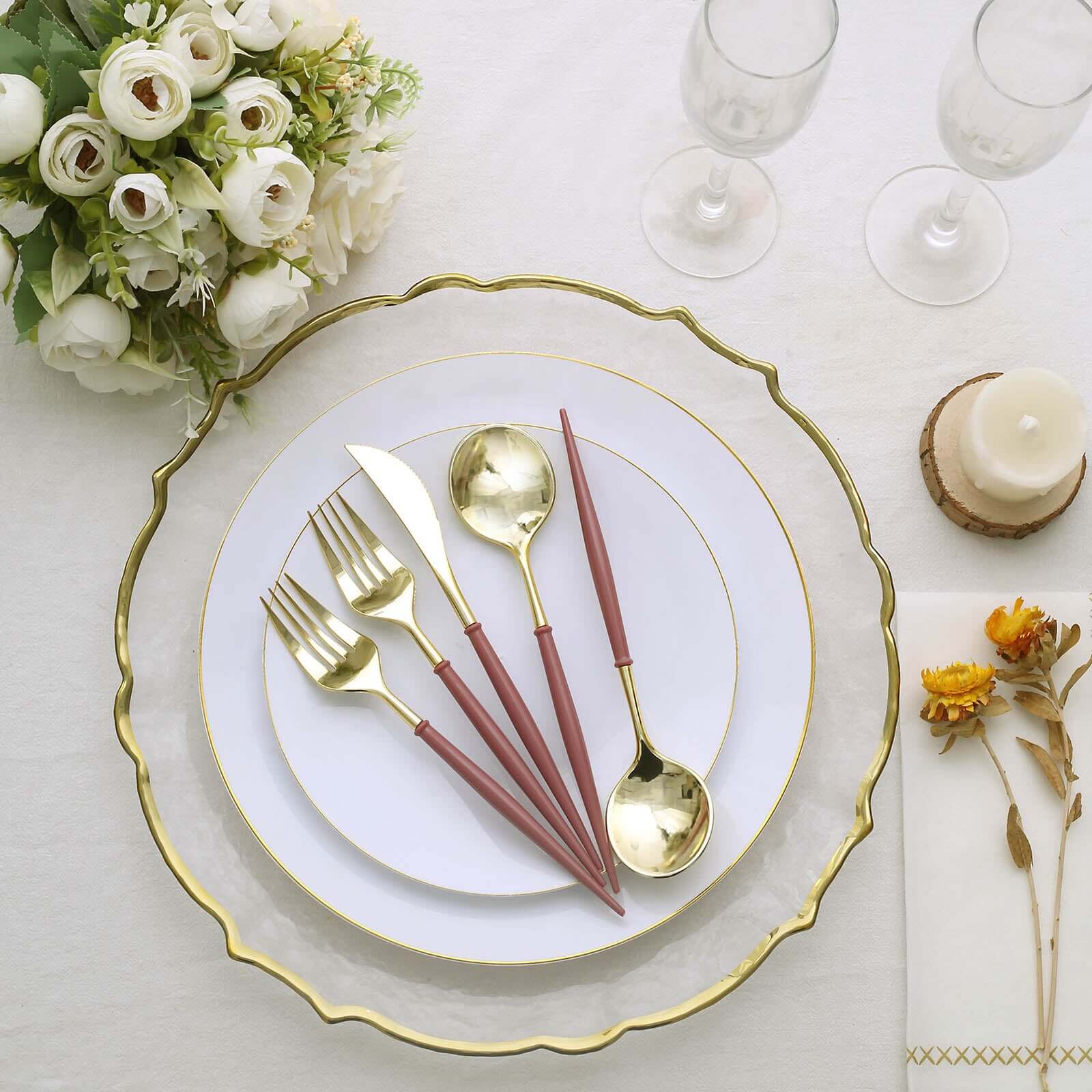 24 Pack 8" Metallic Gold With Cinnamon Rose Disposable Silverware Set, Modern Premium Plastic Utensil Set