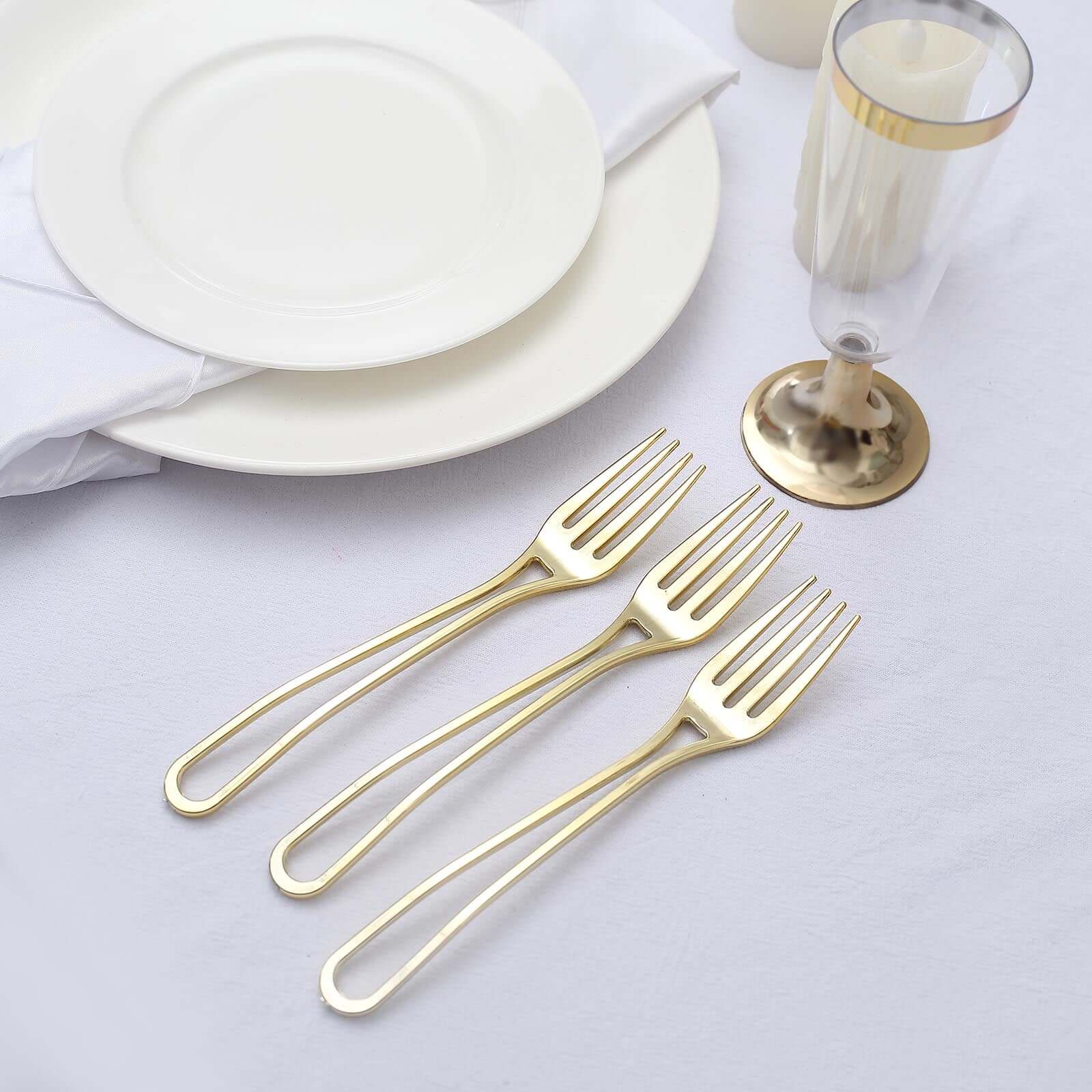 24-Pack Plastic Forks with Modern Hollow Handle Design Gold - Stylish Disposable Utensils 7"