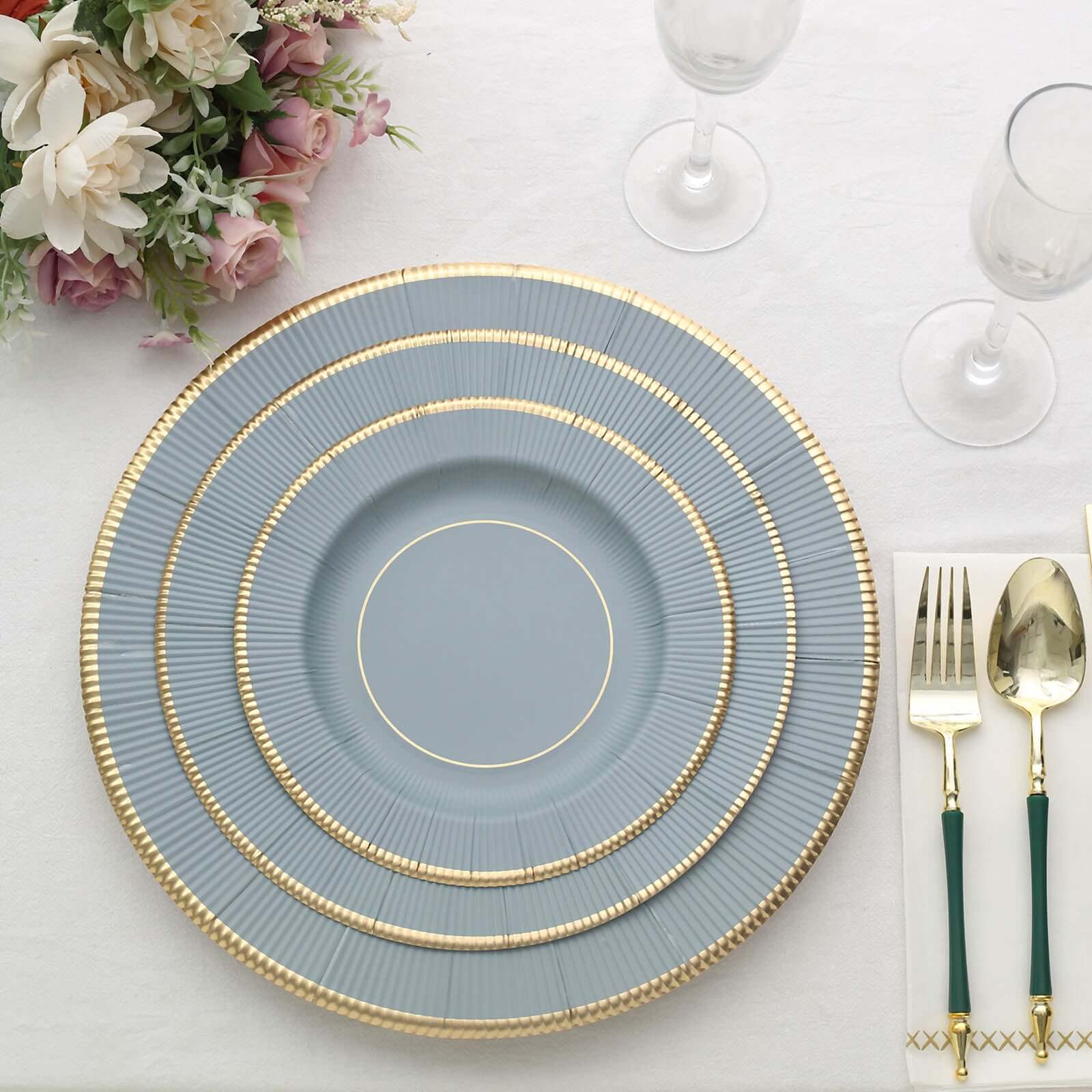 25-Pack Paper 10" Round Dinner Plates in Dusty Blue Sunray Design with Gold Rim - Disposable Heavy Duty 350GSM Party Plates