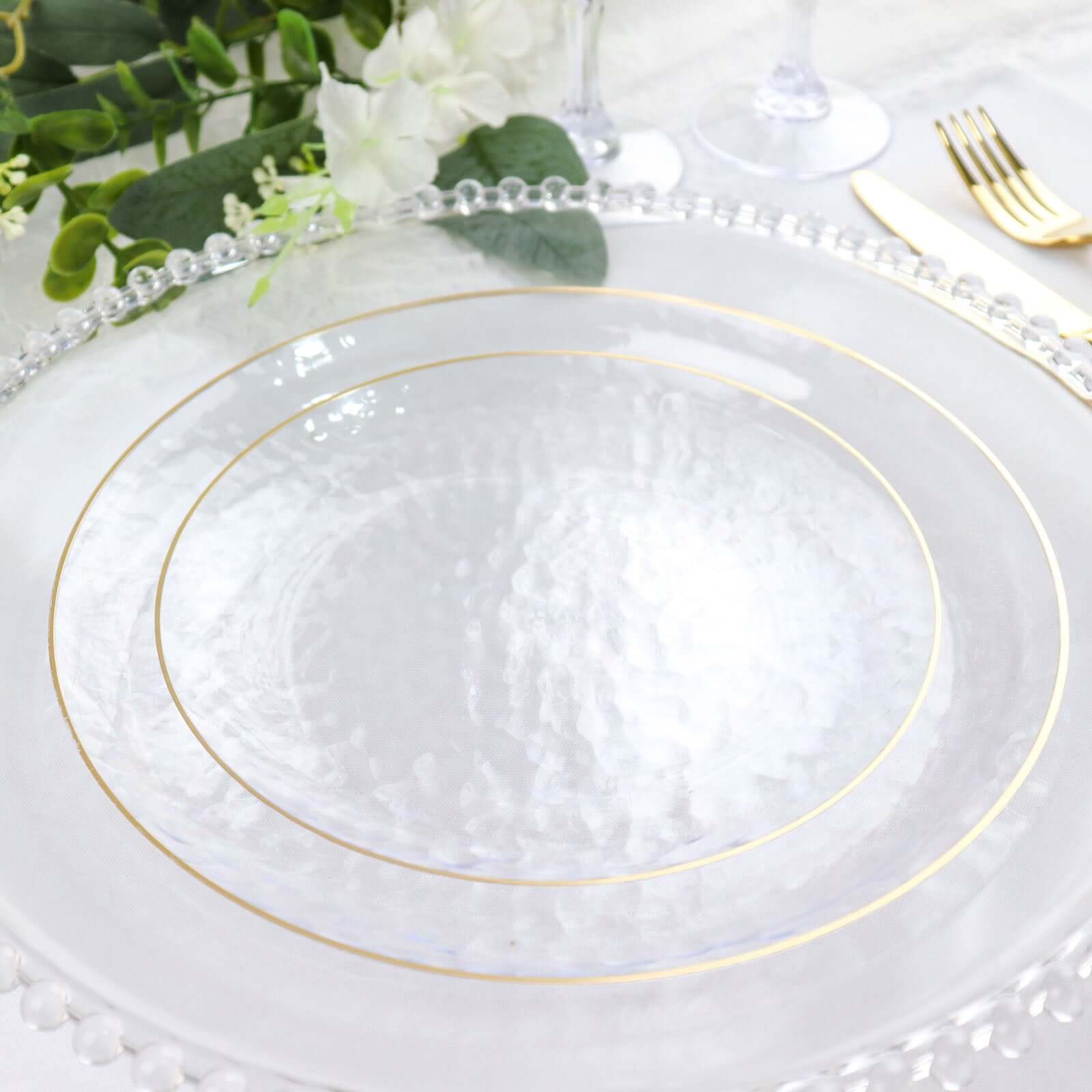 10-Pack Plastic 7" Round Dessert Appetizer Plates in Clear Hammered Design with Gold Rim - Modern Disposable Salad Plates