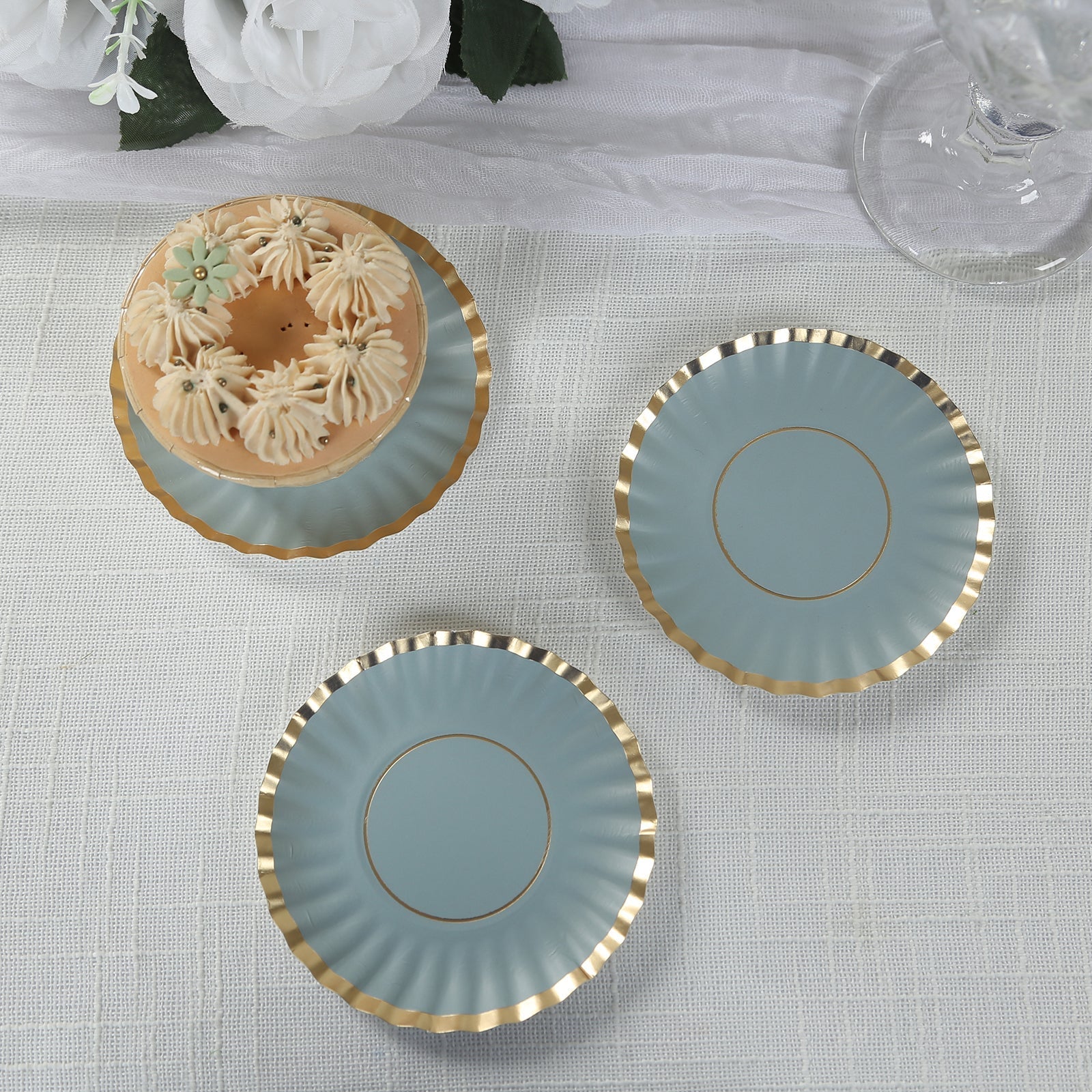 50-Pack Paper 3.5" Round Party Plates in Dusty Blue with Gold Scalloped Rim - Disposable Mini 250GSM Dessert Plates for Tapas, Appetizers & Finger Foods