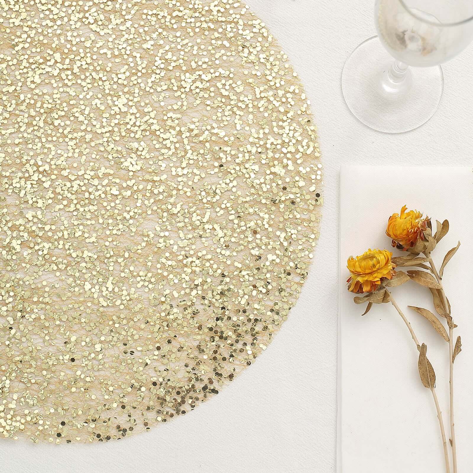 10-Pack Table Placemats Sequin Design Metallic Gold Round - Mesh Disposable Dust-Free Dining Mats 13"