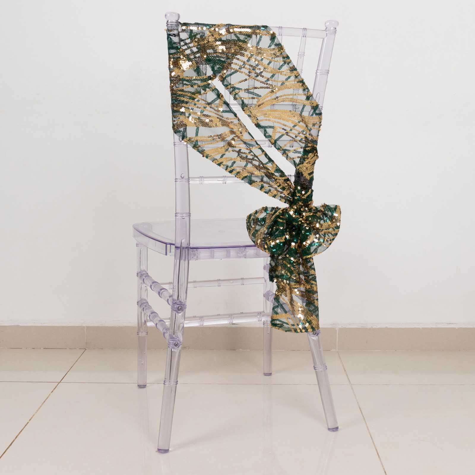 5 Pack Chair Sashes with Wave Embroidered Sequins Hunter Emerald Green/Gold 6"x88"