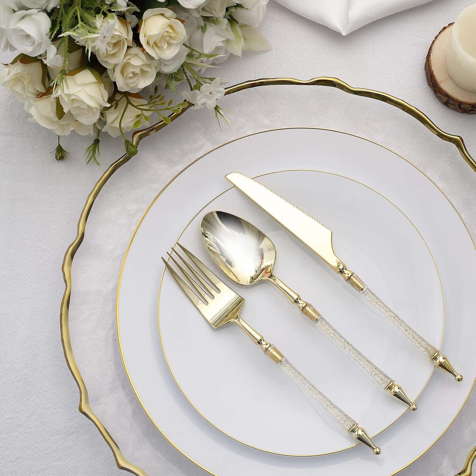 24-Pack Plastic Utensil Set with Roman Column Handle Gold/Clear - Glittered Disposable Silverware