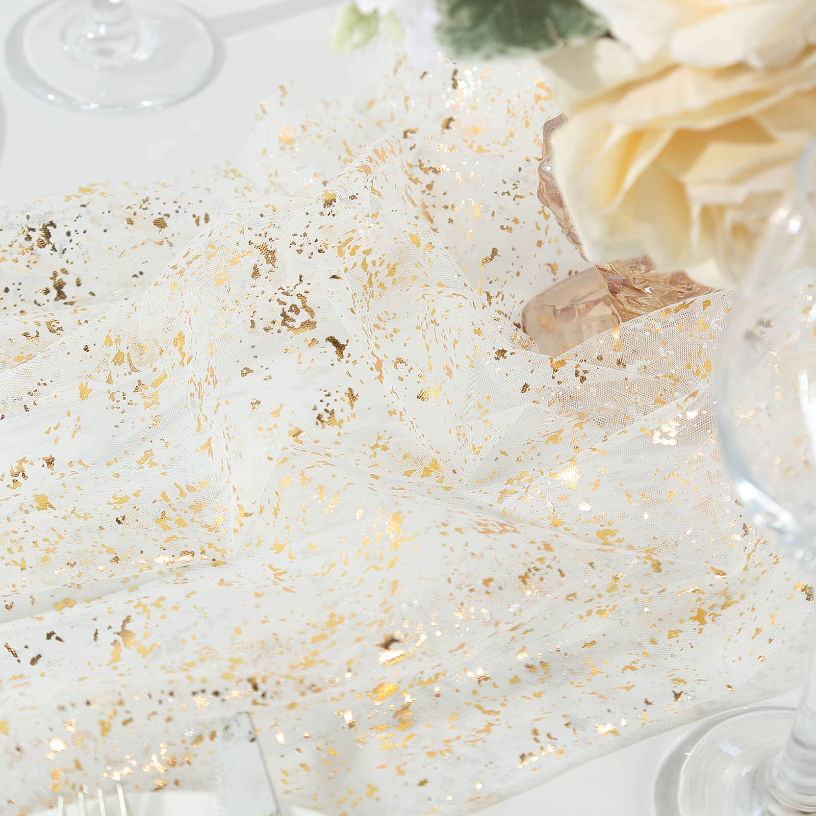 Sheer Chiffon 10ft Table Runner Metallic Gold Glittered Design - Sparkling Table Decor
