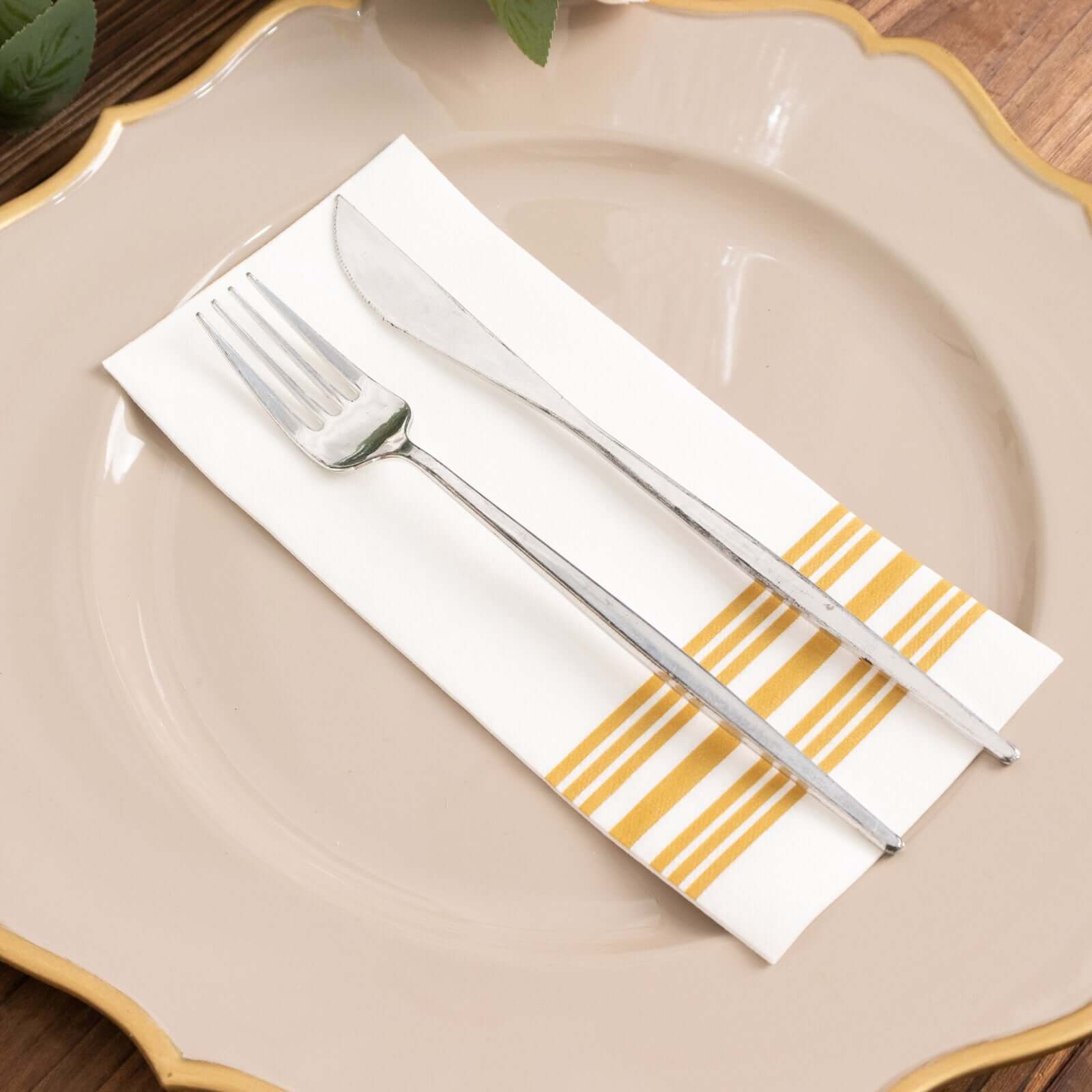 20-Pack Paper Guest Towels White Linen-Like with Gold Lines - Disposable Airlaid Napkins for Formal and Casual Use 8"x4"