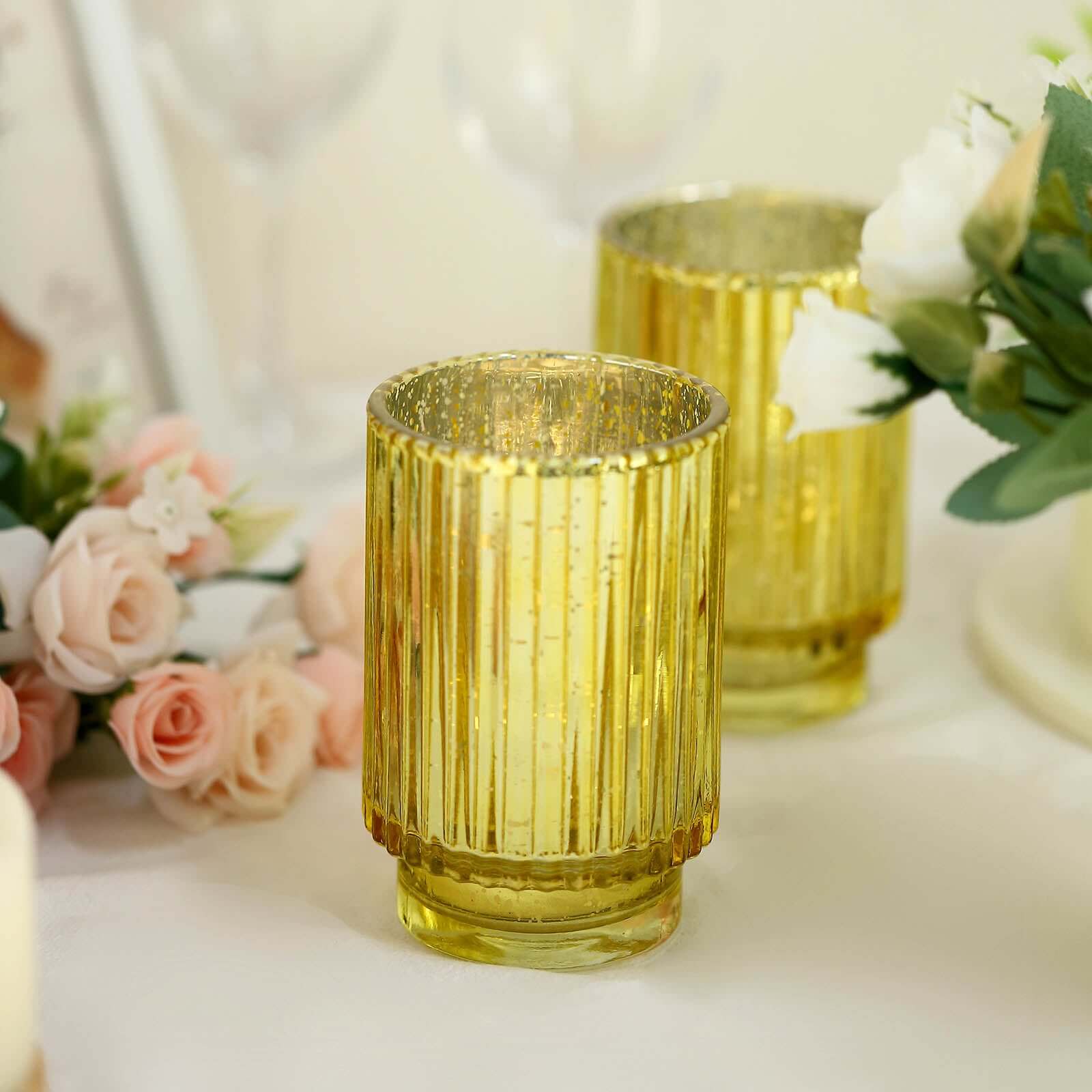 3-Pack Mercury Glass Hurricane Candle Holders Gold Wavy Column Design - Votive Pillar Vase 5"