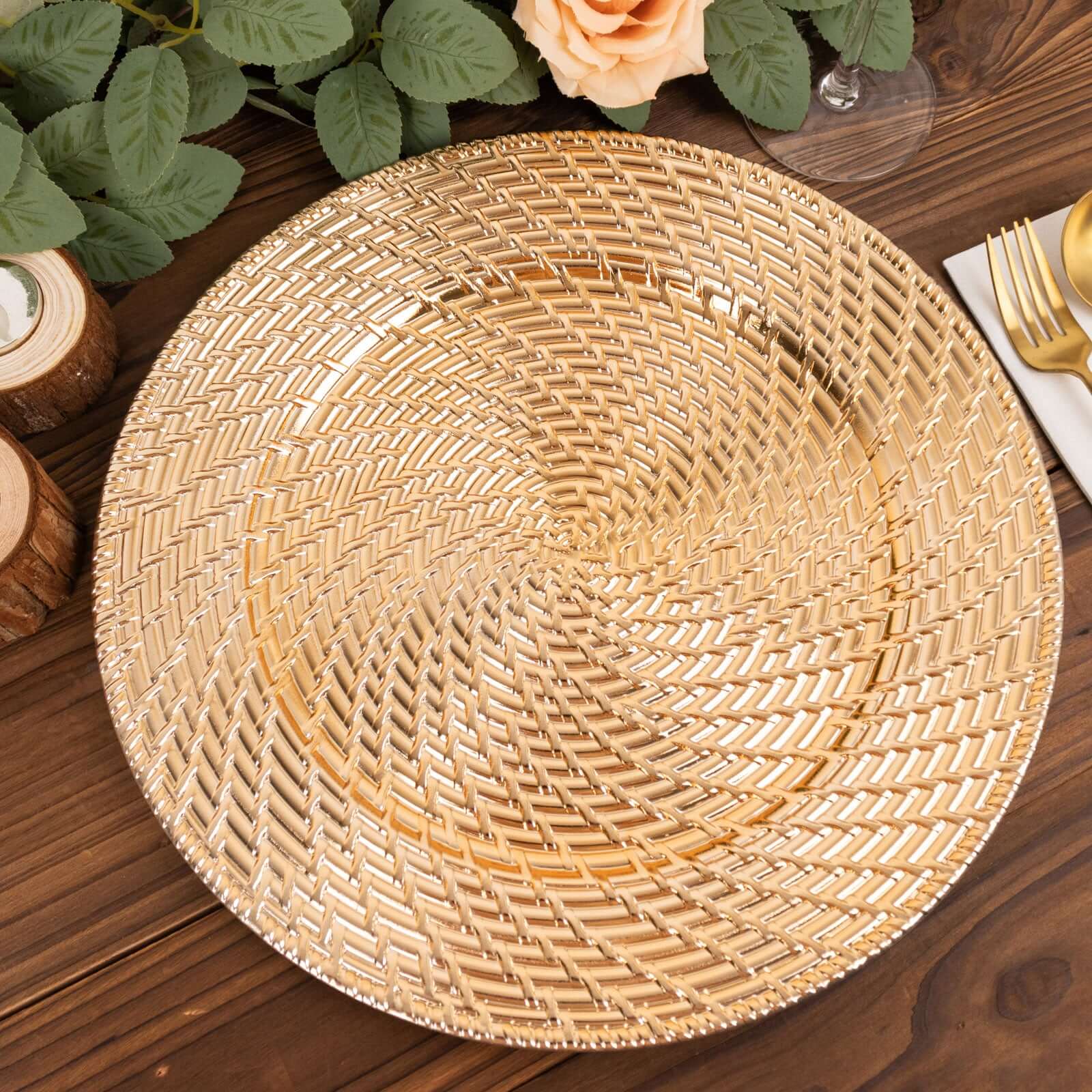 6-Pack Acrylic Round Charger Plates 13" in Metallic Gold with Swirl Rattan Pattern, Farmhouse Plastic Charger Tableware