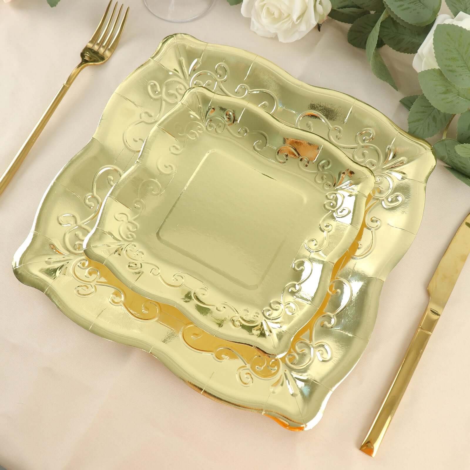 25-Pack Paper 7" Square Dessert Plates in Gold with Vintage Pottery Embossed Design - Shiny Metallic Disposable Appetizer Plates for Luxe Gatherings & Celebrations