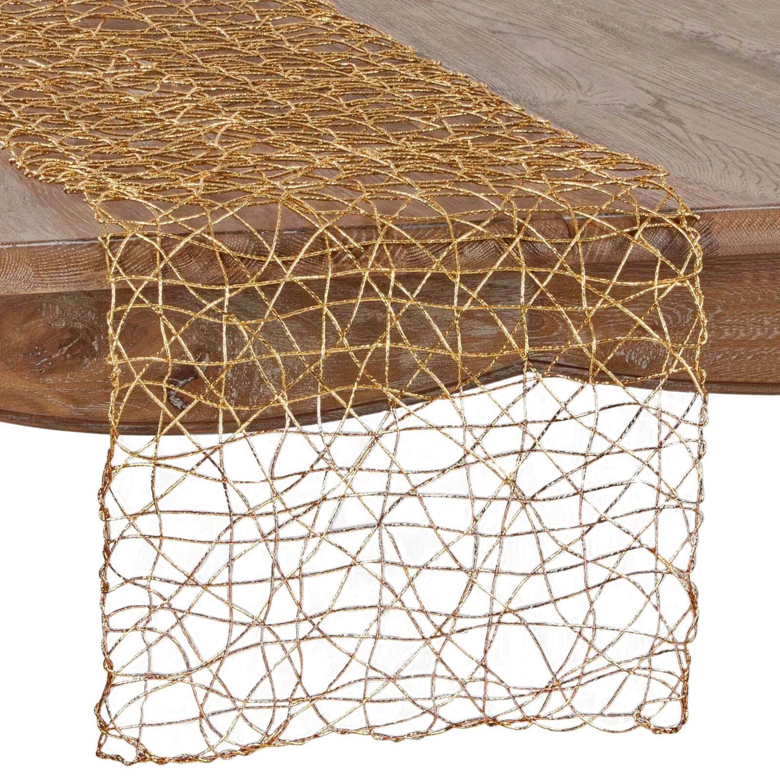 16"x72" Gold Wire Nest Table Runner, Metallic String Woven Runner