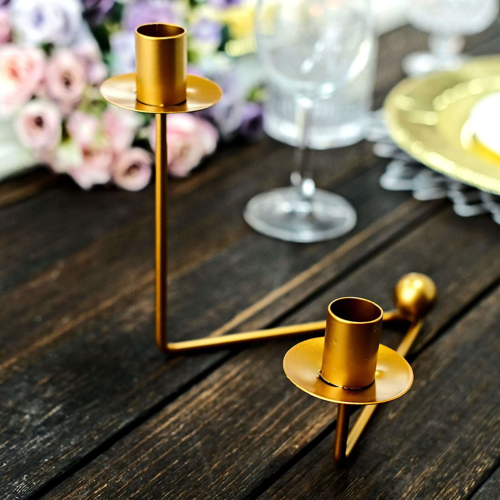 2-Pack V-Shaped Geometric Taper Candelabra 2 Arm Candle Holder Design Gold Metal - Wedding Decor Accent 7"