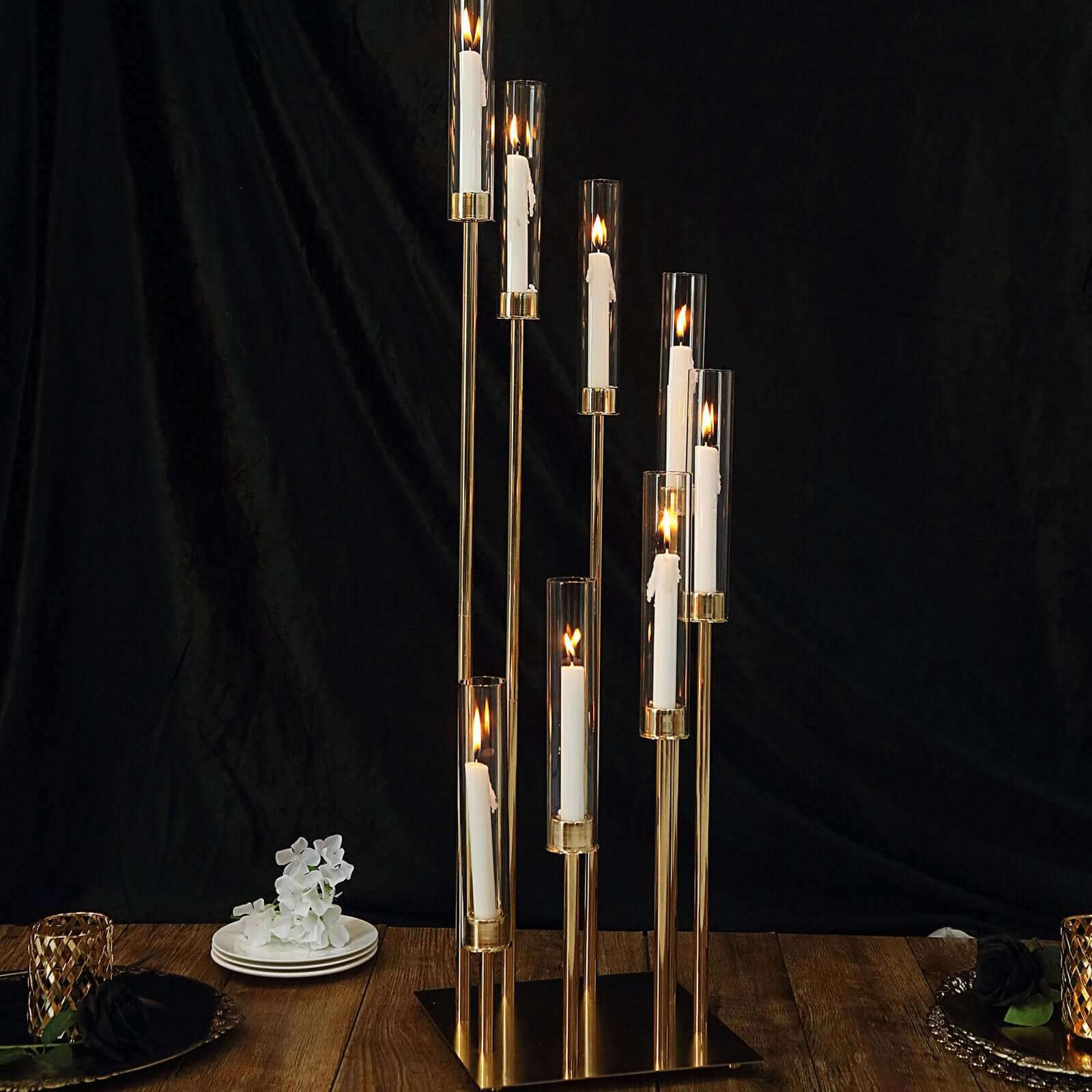 8 Arm Cluster Taper Candle Holder Gold - Stunning Large Candle Arragement With Clear Glass Shades for Grand Banquets & Celebrations 42"