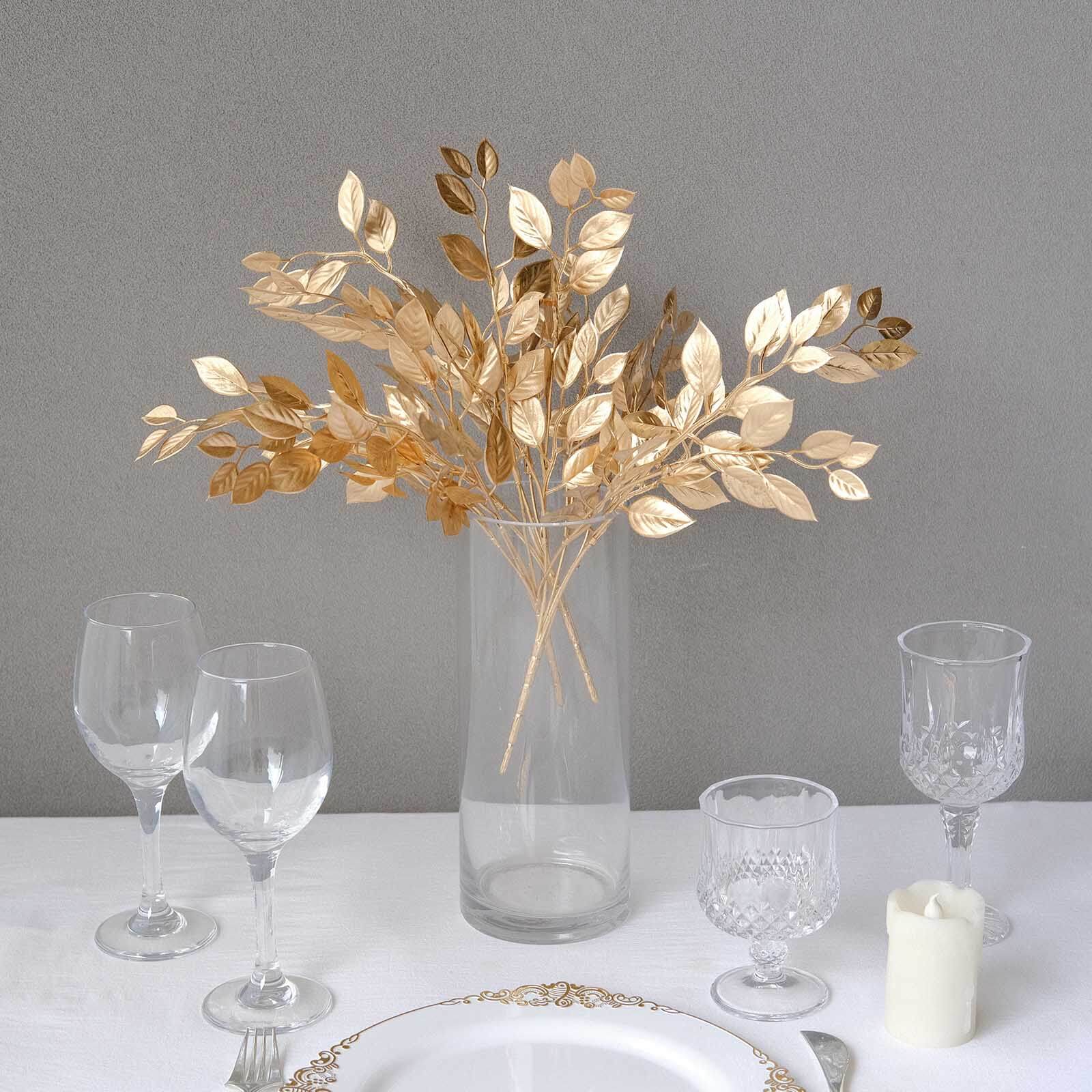 4-Pack Artificial Italian Ruscus Leaves Branches Metallic Gold - Flexible Faux Spray Plant Stem Vase Fillers for Exquisite Tablescapes & Floral Displays 14"