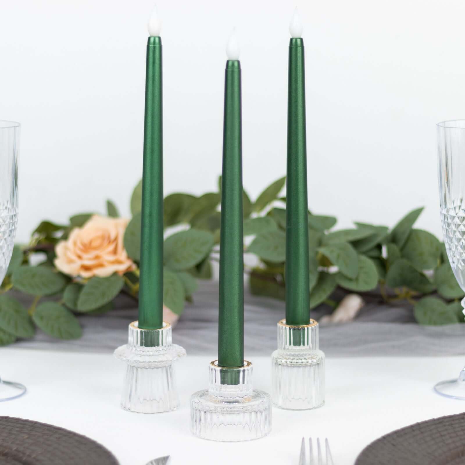 3-Pack LED Decorative Lighting Warm Flickering Hunter Emerald Green - Flameless Taper Candles 11"