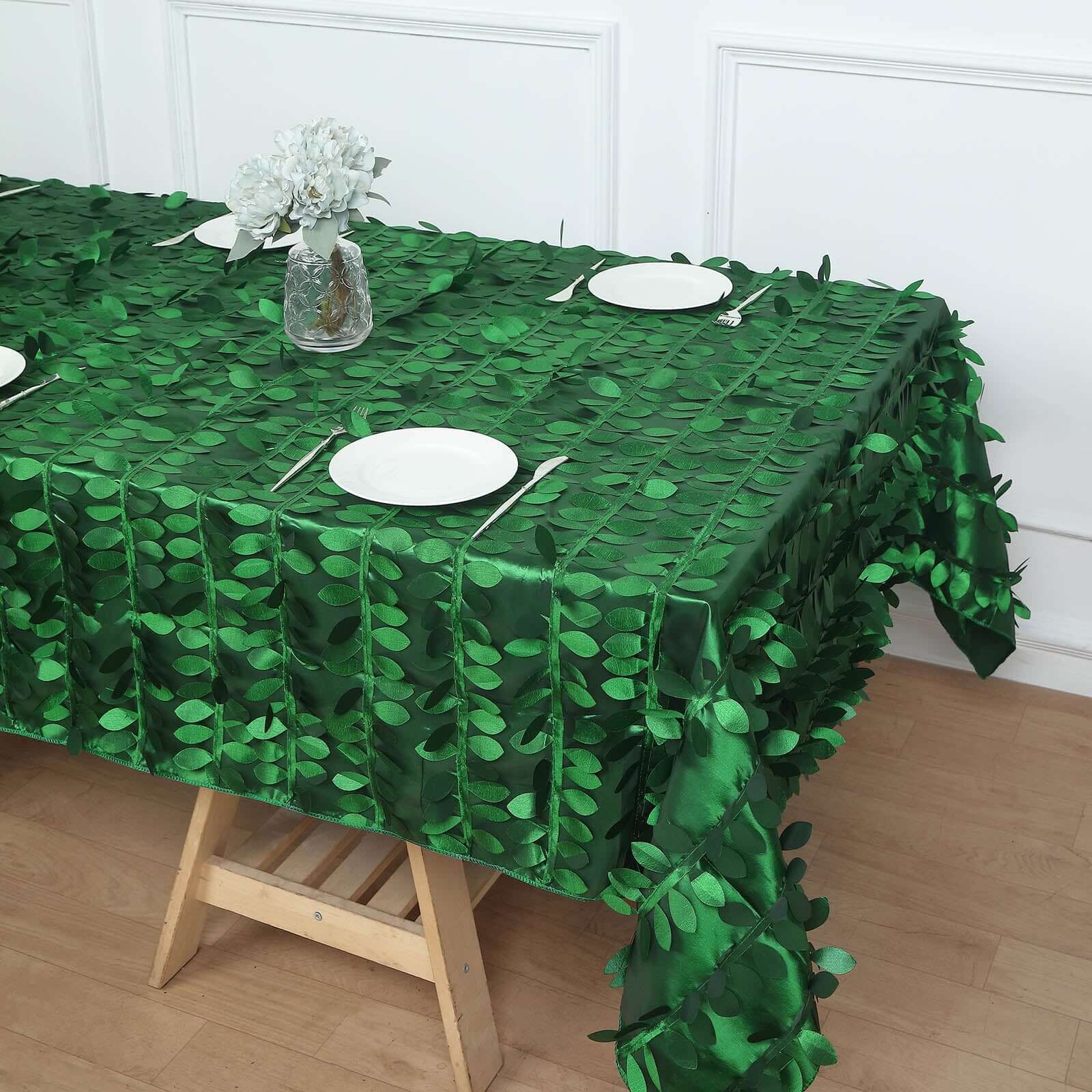 Taffeta 60"x102" Rectangle Tablecloth Green | Exquisite 3D Leaf Petal Design for Chic Wedding & Event Decor