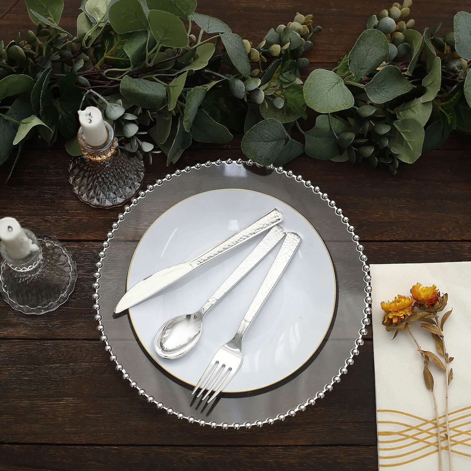 24-Pack Plastic Silverware Set with Hammered Design Silver - Heavy Duty Disposable Utensils 7"