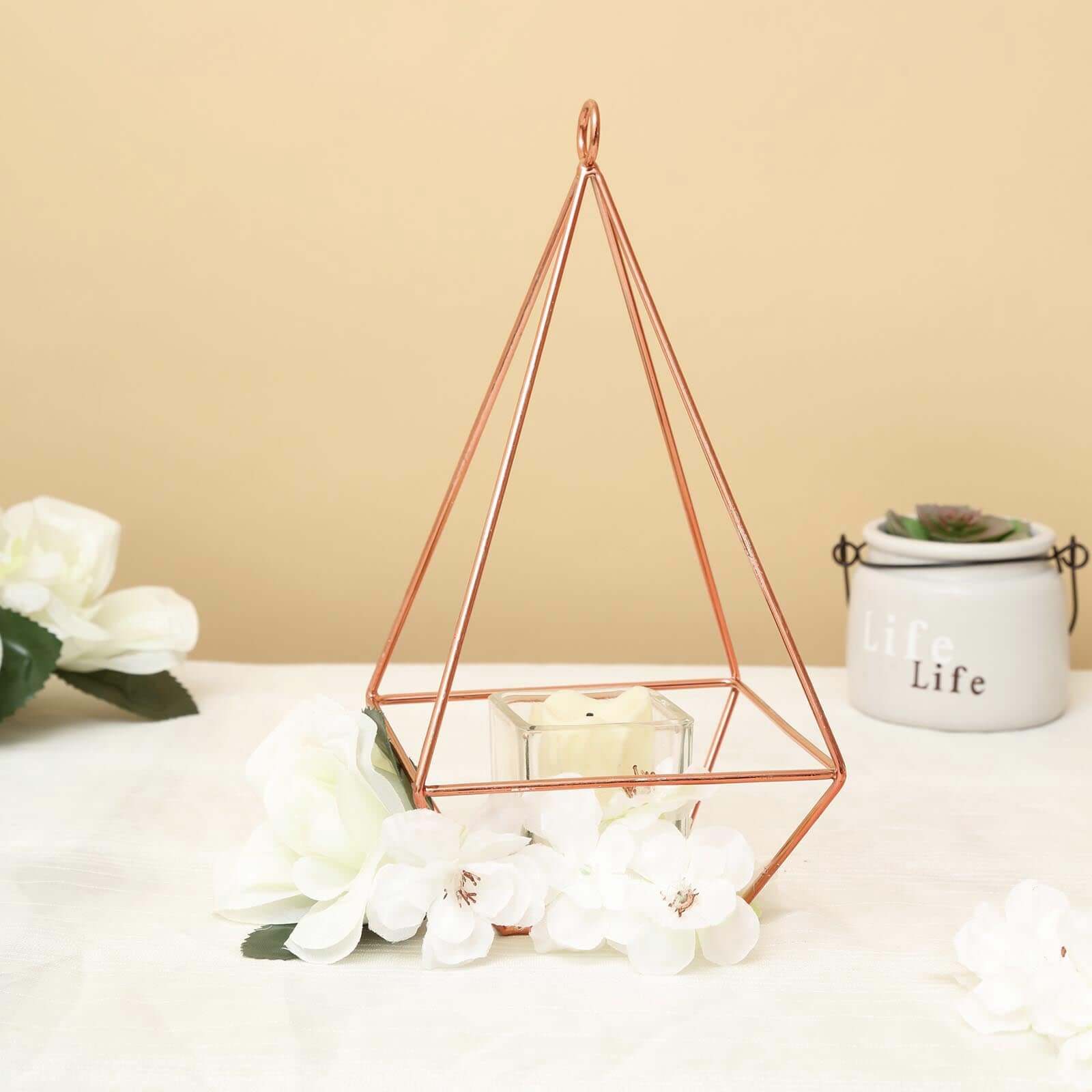 2-Pack Tealight Candle Holders Rose Gold Metal Pyramid Geometric Open Frame - Flower Stand 9"