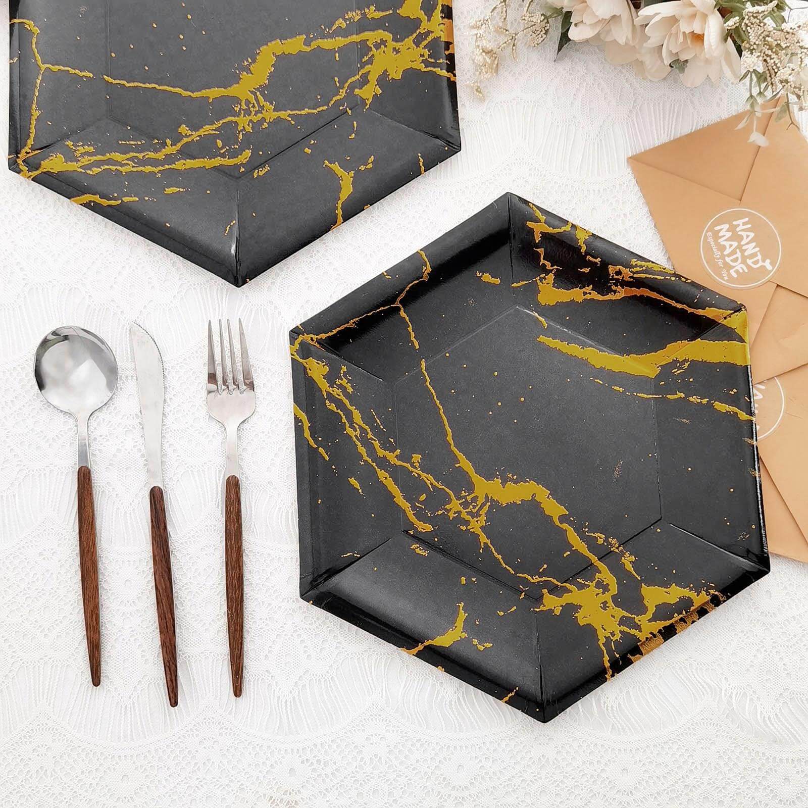 25-Pack Paper 12" Hexagon Dinner Plates in Black with Gold Marble Design - Disposable Geometric 400GSM Party Plates for Events & Banquets