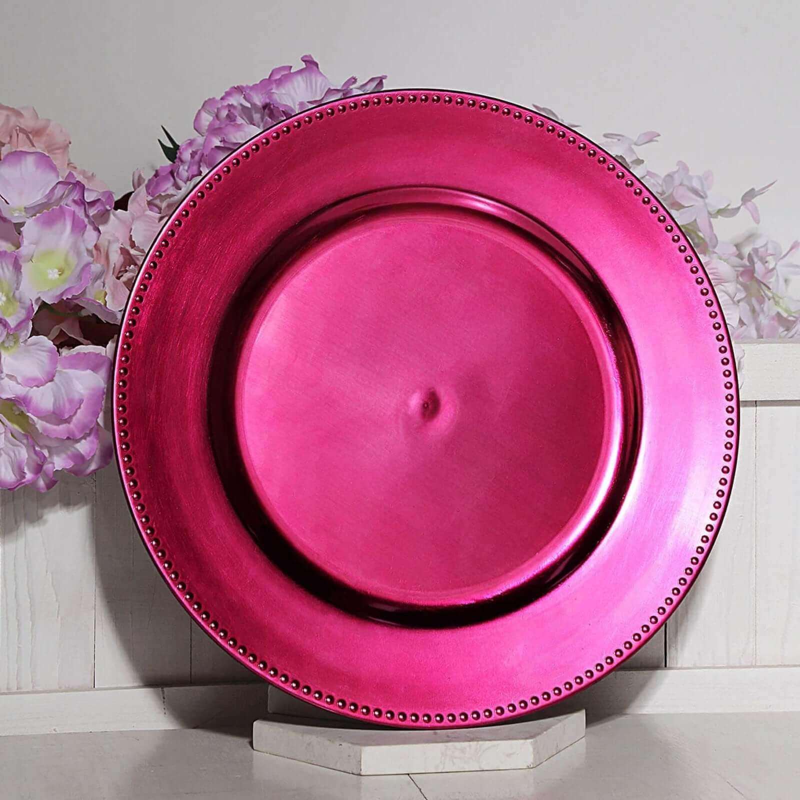 6-Pack Acrylic Round Charger Plates 13" in Hot Pink with Beaded Rim, Dinner Charger Event Tabletop Decor