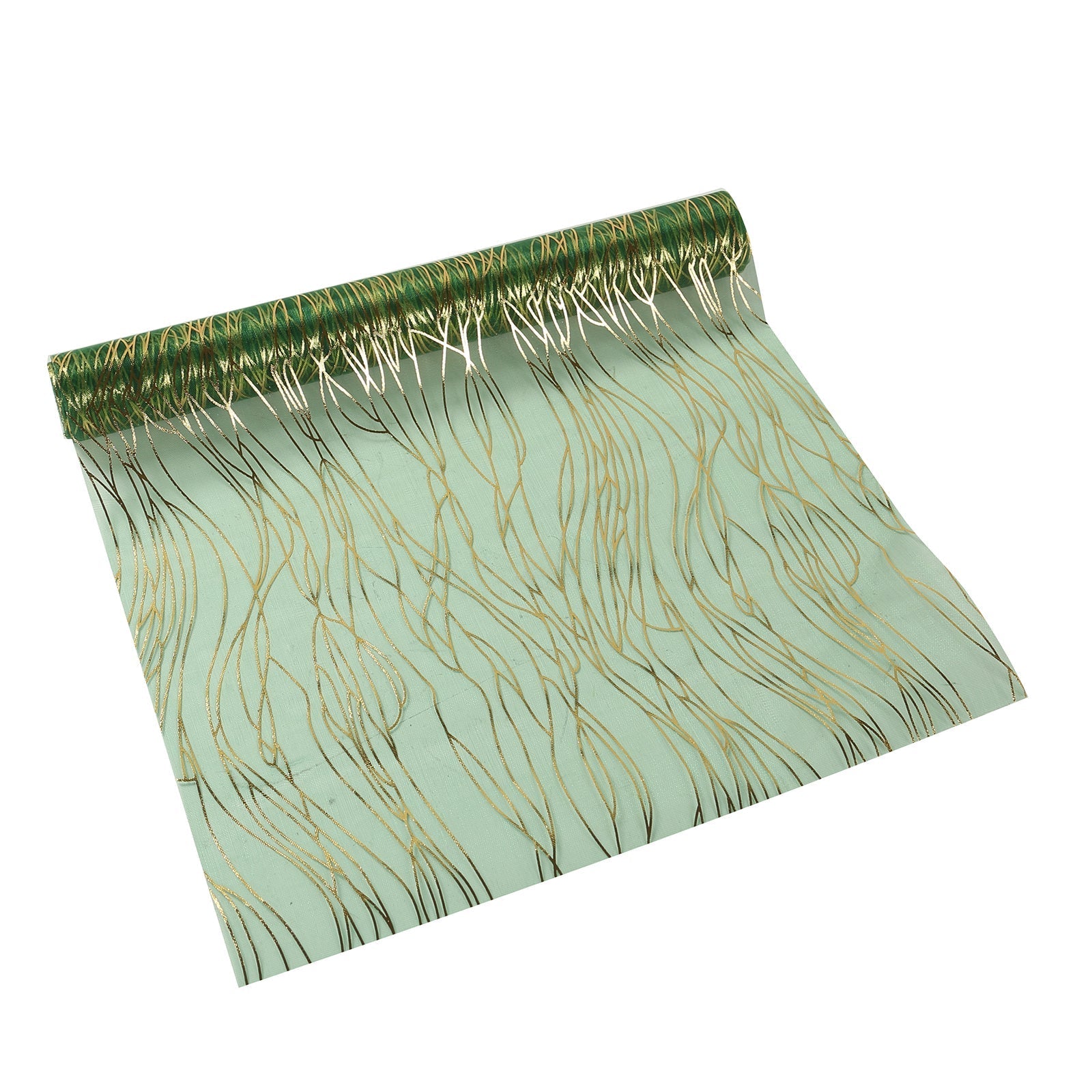 5 Pack Organza 12"x108" Table Runners Hunter Emerald Green - Gold Wave Design