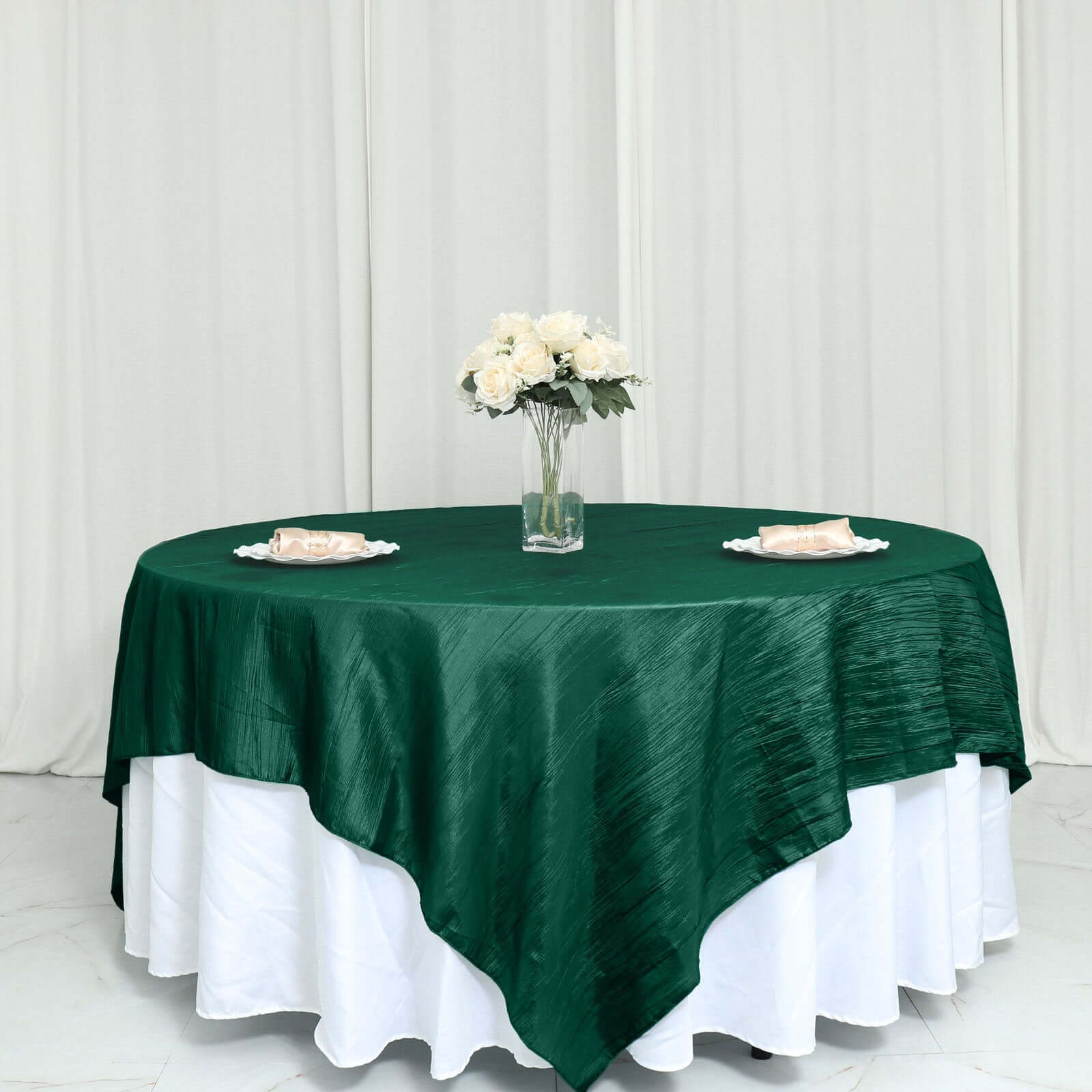 Taffeta 90"x90" Table Overlay Square Tablecloth Hunter Emerald Green - Accordion Crinkle Table Cover