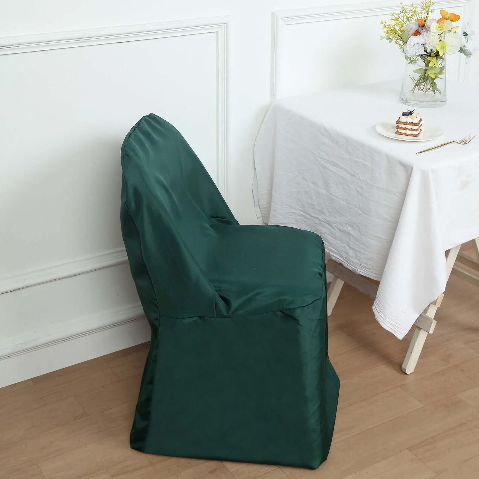 Polyester Slip On Folding Chair Covers Hunter Emerald Green - Stain-Resistant Reusable Durable Fabric