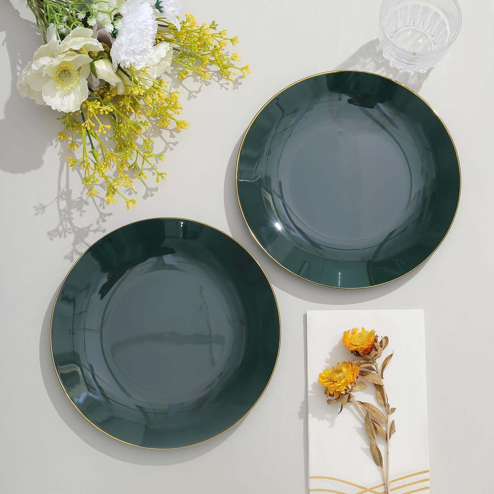 10-Pack Plastic 8" Round Dessert Plates in Hunter Emerald Green with Gold Rim - Glossy Disposable Appetizer Salad Plates