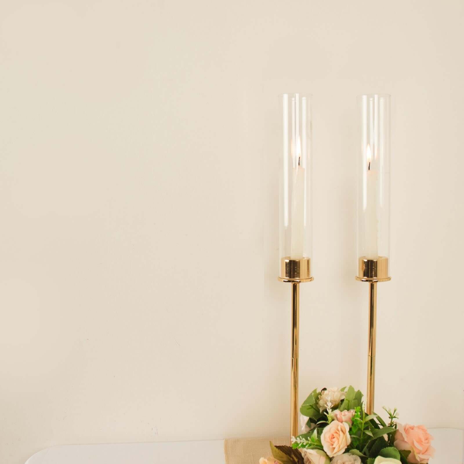 2-Pack Gold Metal Taper Candlestick Holders, Clear Glass Hurricane Candle Stands With Chimney Candle Shades 20"
