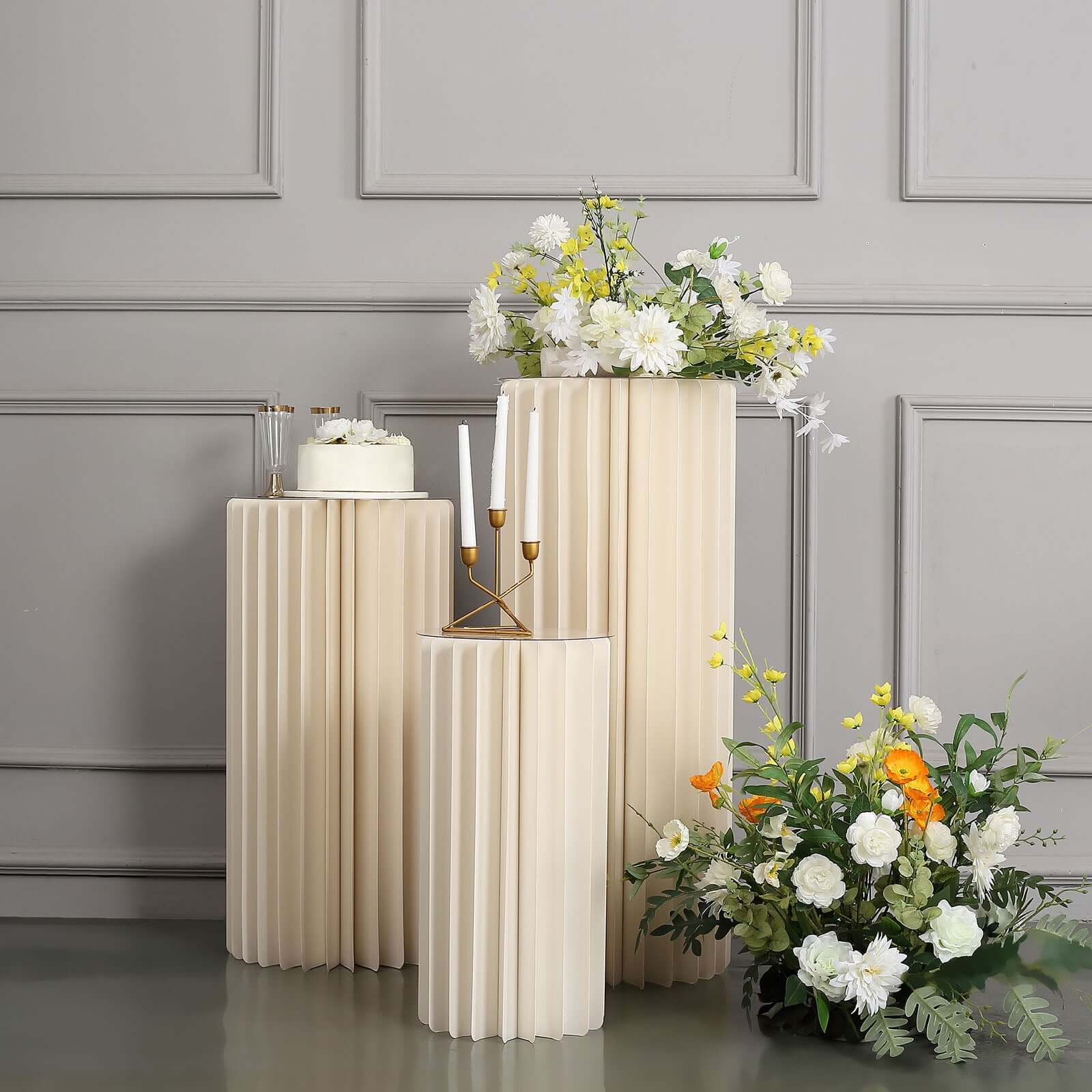 24" Ivory Cylinder Display Column Stand, Pillar Pedestal Stand With Top Plate