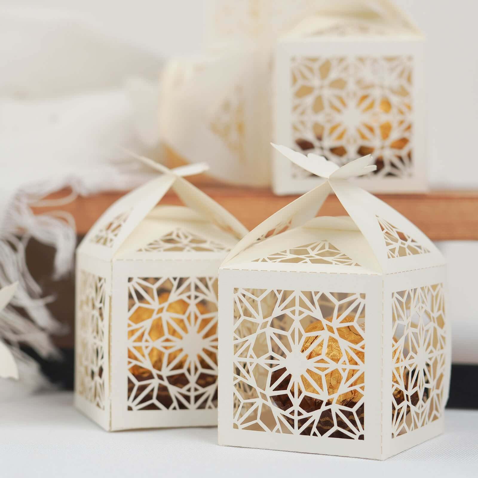 25 Pack Ivory Butterfly Top Laser Cut Lace Favor Candy Gift Boxes