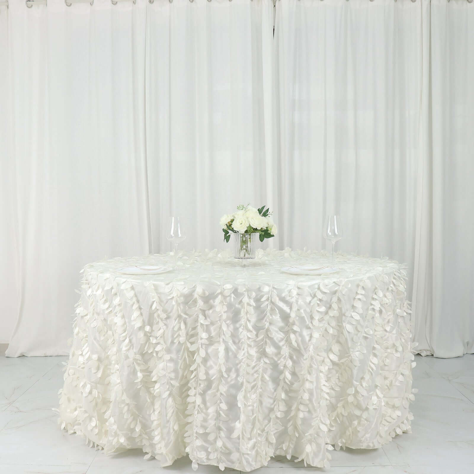 Taffeta 132" Round Tablecloth Ivory Leaf | 3D Leaf Petal Design Seamless Table Cover