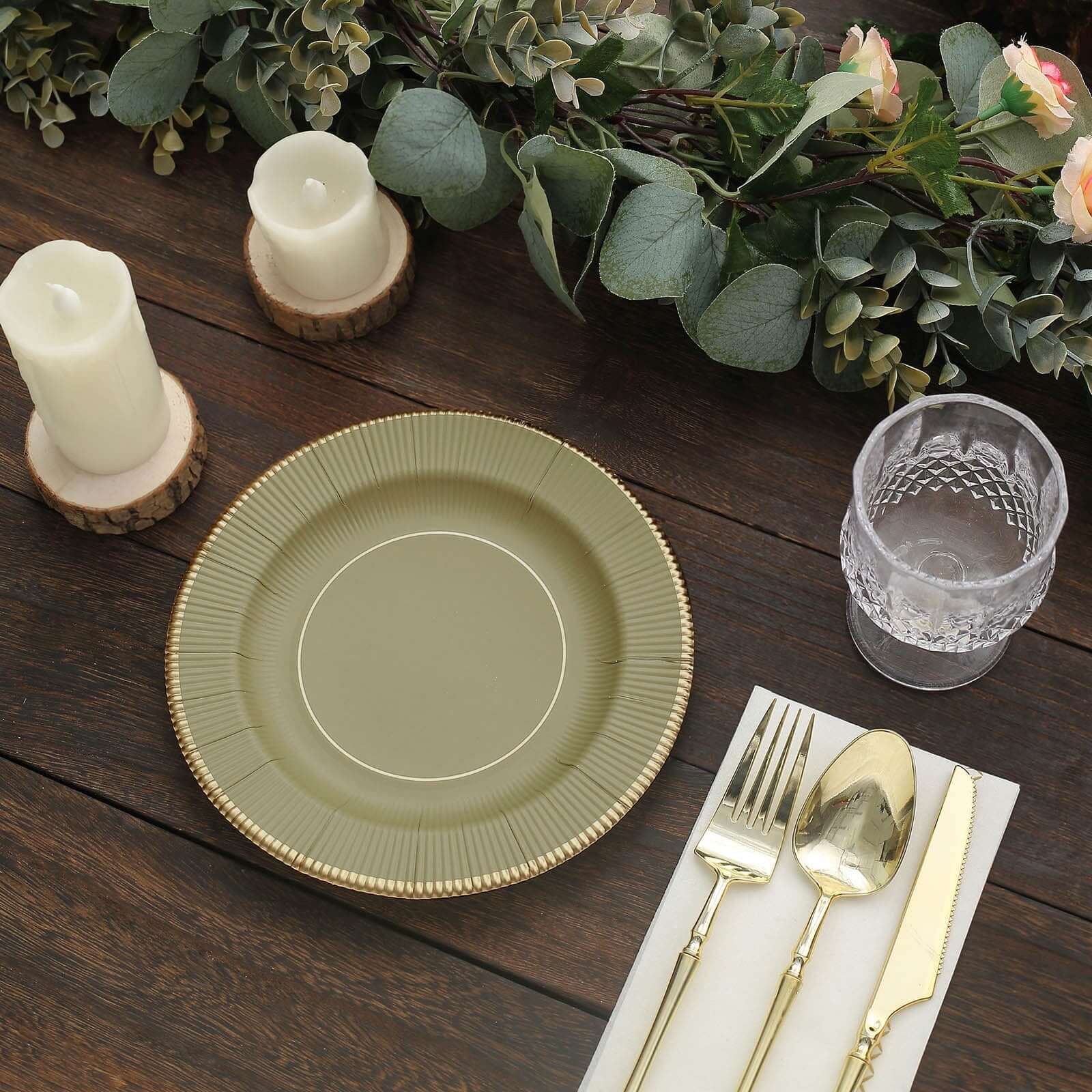 25-Pack Paper 8" Round Dessert Plates in Khaki Sunray Design with Gold Rim - Disposable Heavy Duty 350GSM Appetizer Salad Plates