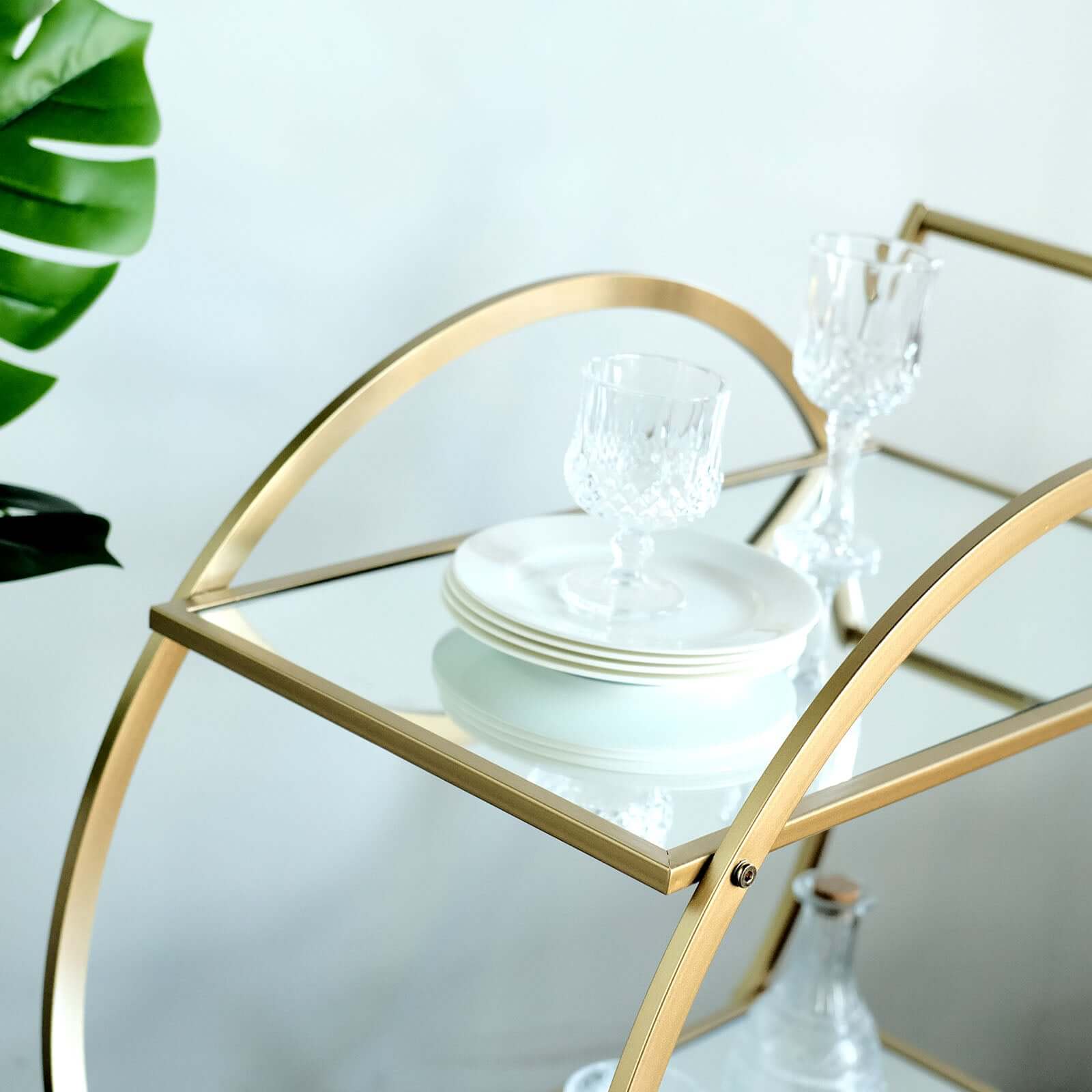 Gold Metal Bar Cart with Mirror Serving Tray 2-Tier - Round Teacart Island Trolley for Events 2.5ft