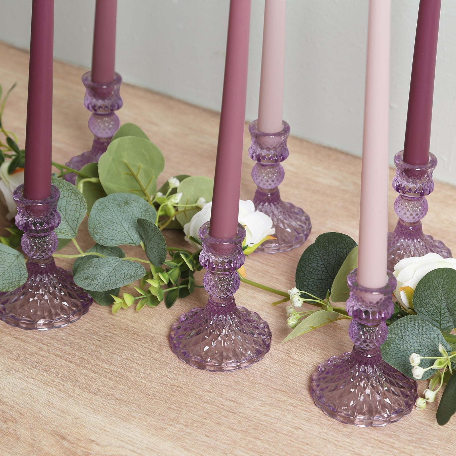 6-Pack Glass Taper Candlestick Holders Diamond Pattern Design Lavender Lilac - Reversible Crystal Pillar Votive Stands 4"